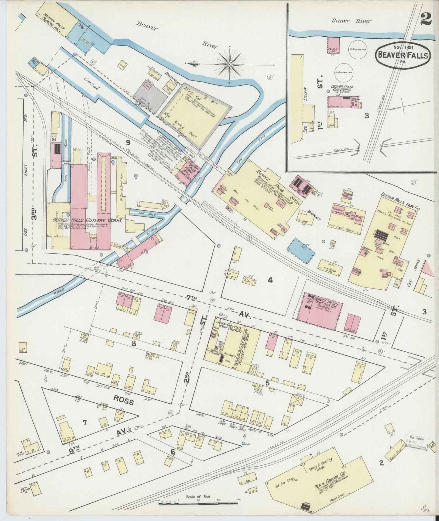 Sanborn Fire Insurance Map from Beaver Falls, Beaver County, Pennsylvania (1891), Sheet #0002 - Historic Sanborn Fire Insurance Map Print, vintage old map wall art, antique decor, genealogy gift, Pennsylvania Pennsylvania map