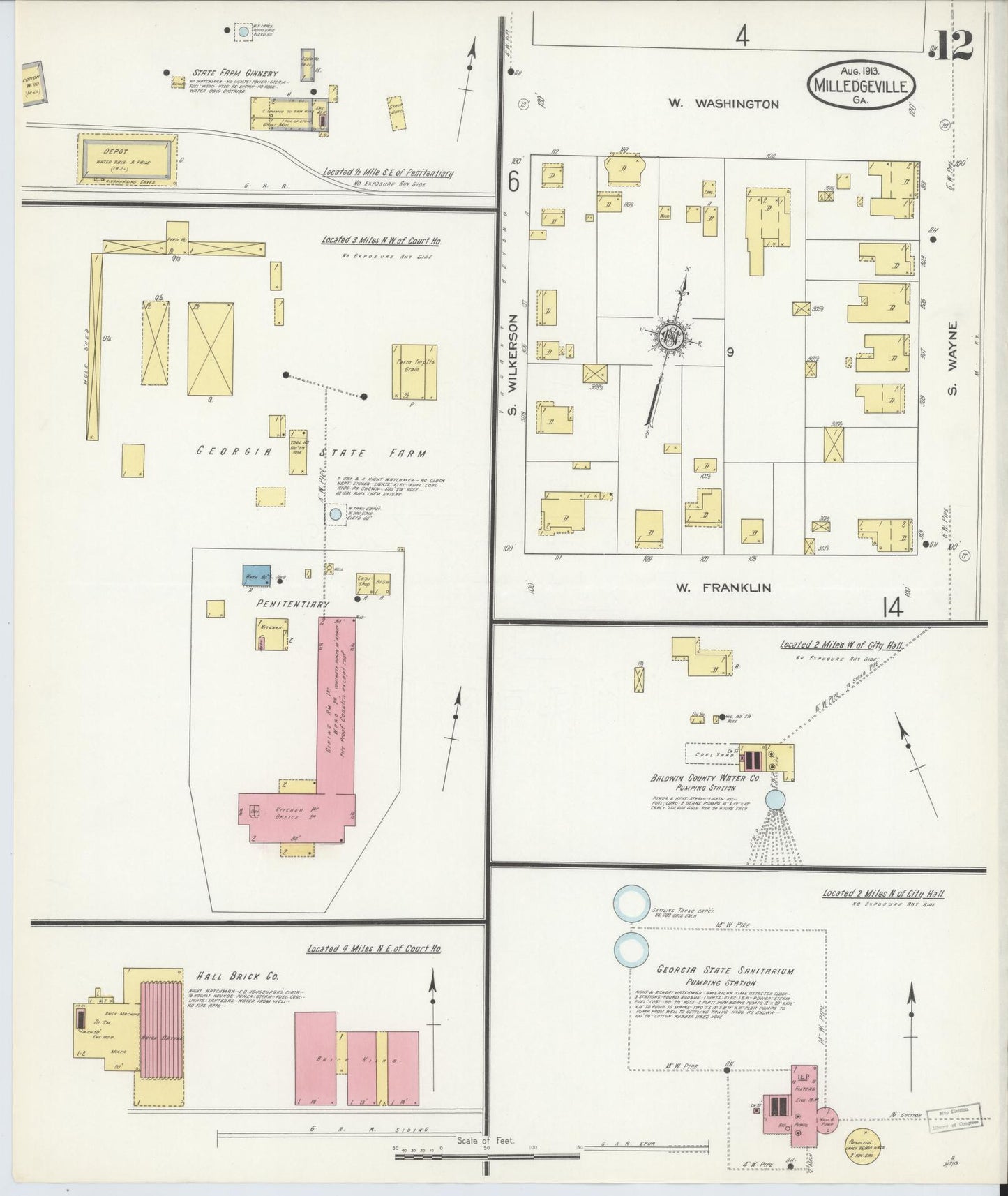 Sanborn Fire Insurance Map from Milledgeville, Baldwin County, Georgia (1913), Sheet #0012 - Historic Sanborn Fire Insurance Map Print, vintage old map wall art, antique decor, genealogy gift, Georgia Georgia map