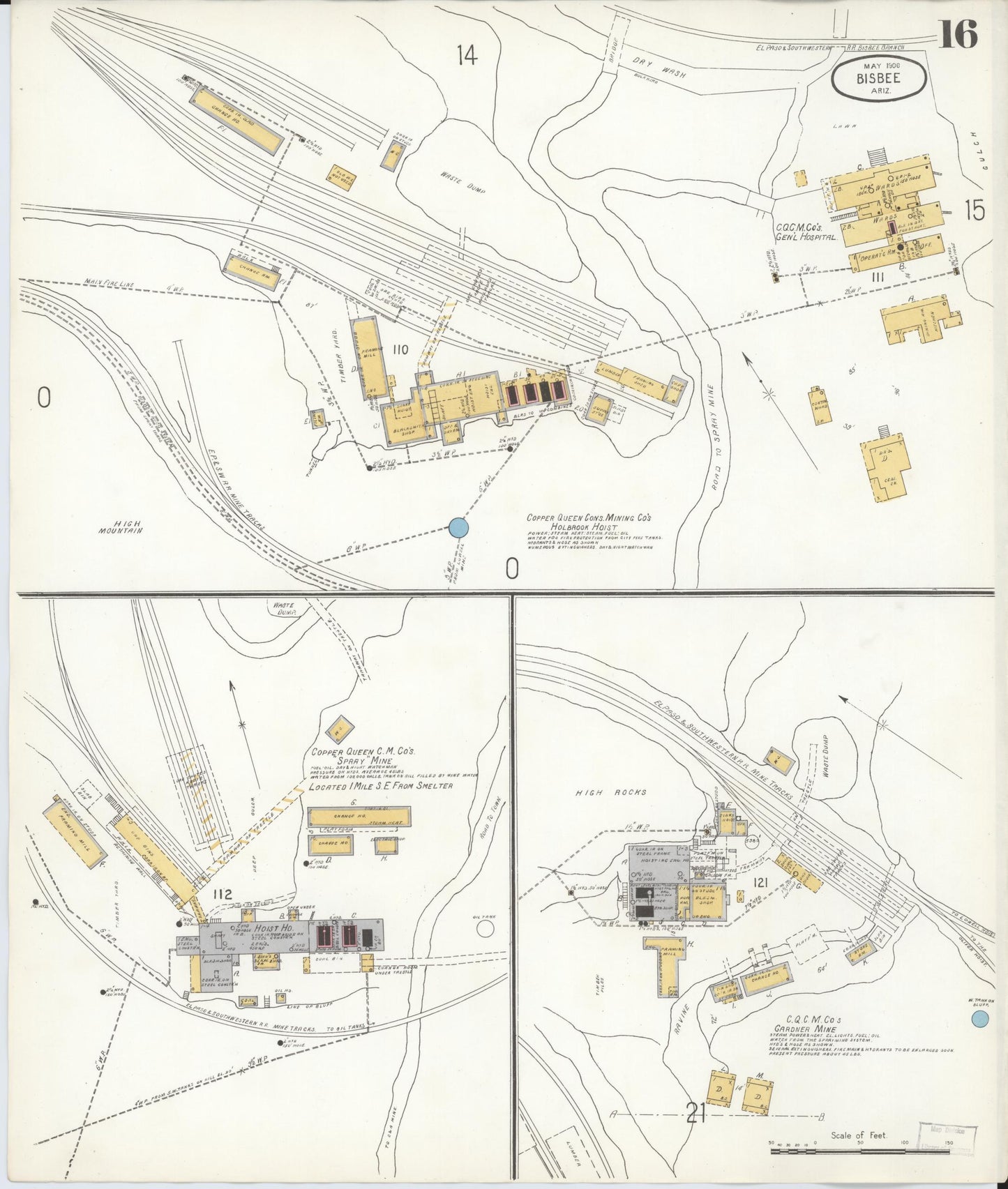 Sanborn Fire Insurance Map from Bisbee, Cochise County, Arizona (1906), Sheet #0016 - Historic Sanborn Fire Insurance Map Print, vintage old map wall art, antique decor, genealogy gift, Arizona Arizona map