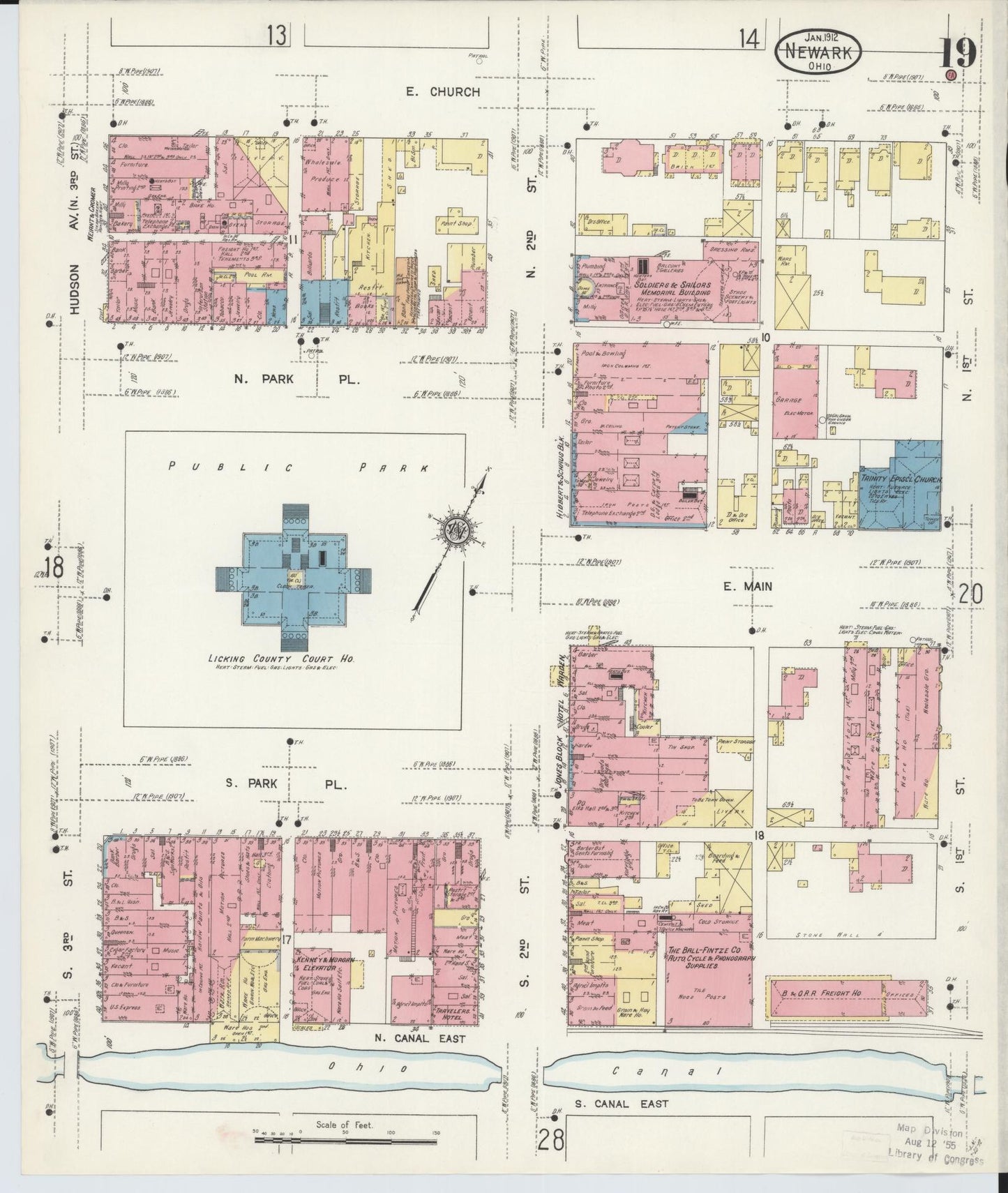 Sanborn Fire Insurance Map from Newark, Licking County, Ohio (1912), Sheet #0019 - Historic Sanborn Fire Insurance Map Print, vintage old map wall art, antique decor, genealogy gift, Ohio Ohio map