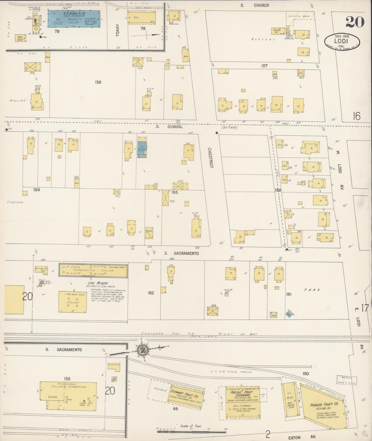 Sanborn Fire Insurance Map from Lodi, San Joaquin County, California (1916), Sheet #0020 - Historic Sanborn Fire Insurance Map Print, vintage old map wall art, antique decor, genealogy gift, California California map