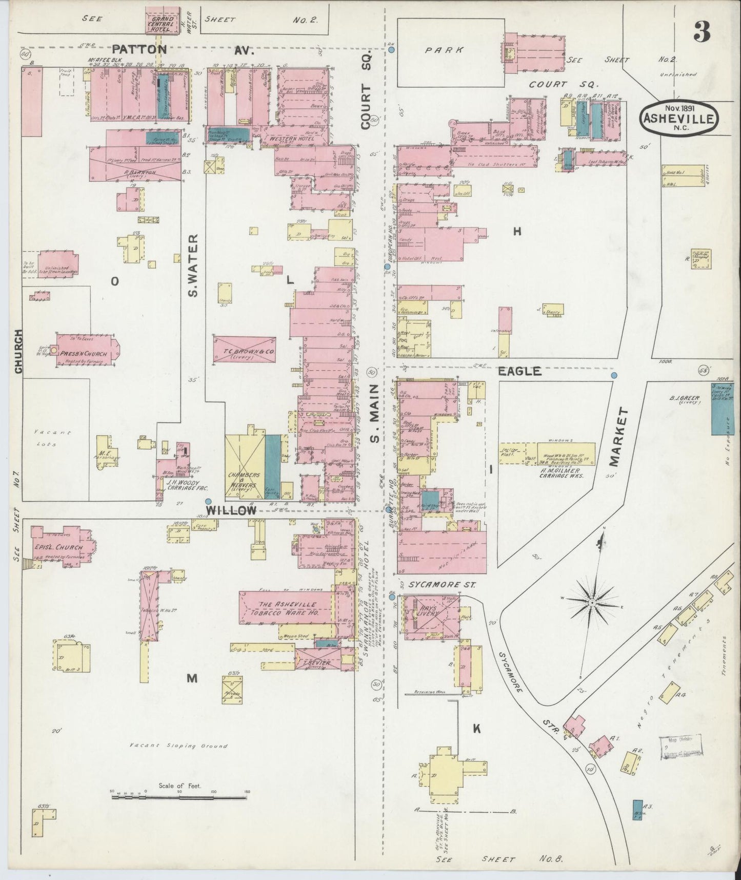 Sanborn Fire Insurance Map from Asheville, Buncombe County, North Carolina (1891), Sheet #0003 - Historic Sanborn Fire Insurance Map Print, vintage old map wall art, antique decor, genealogy gift, North Carolina North Carolina map