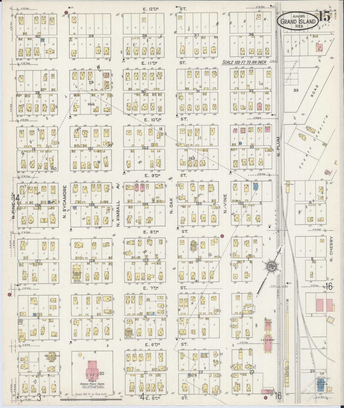 Sanborn Fire Insurance Map from Grand Island, Hall County, Nebraska (1915), Sheet #0015 - Historic Sanborn Fire Insurance Map Print, vintage old map wall art, antique decor, genealogy gift, Nebraska Nebraska map