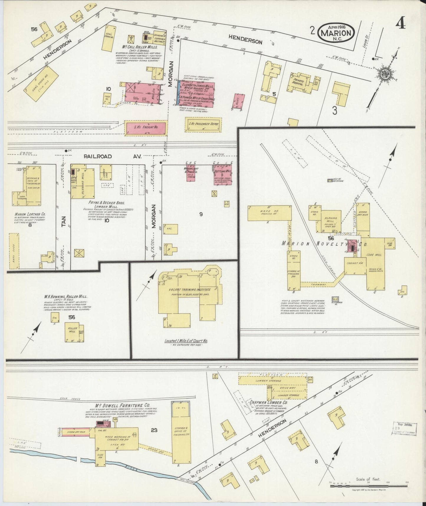 Sanborn Fire Insurance Map from Marion, Mcdowell County, North Carolina (1918), Sheet #0004 - Historic Sanborn Fire Insurance Map Print, vintage old map wall art, antique decor, genealogy gift, North Carolina North Carolina map