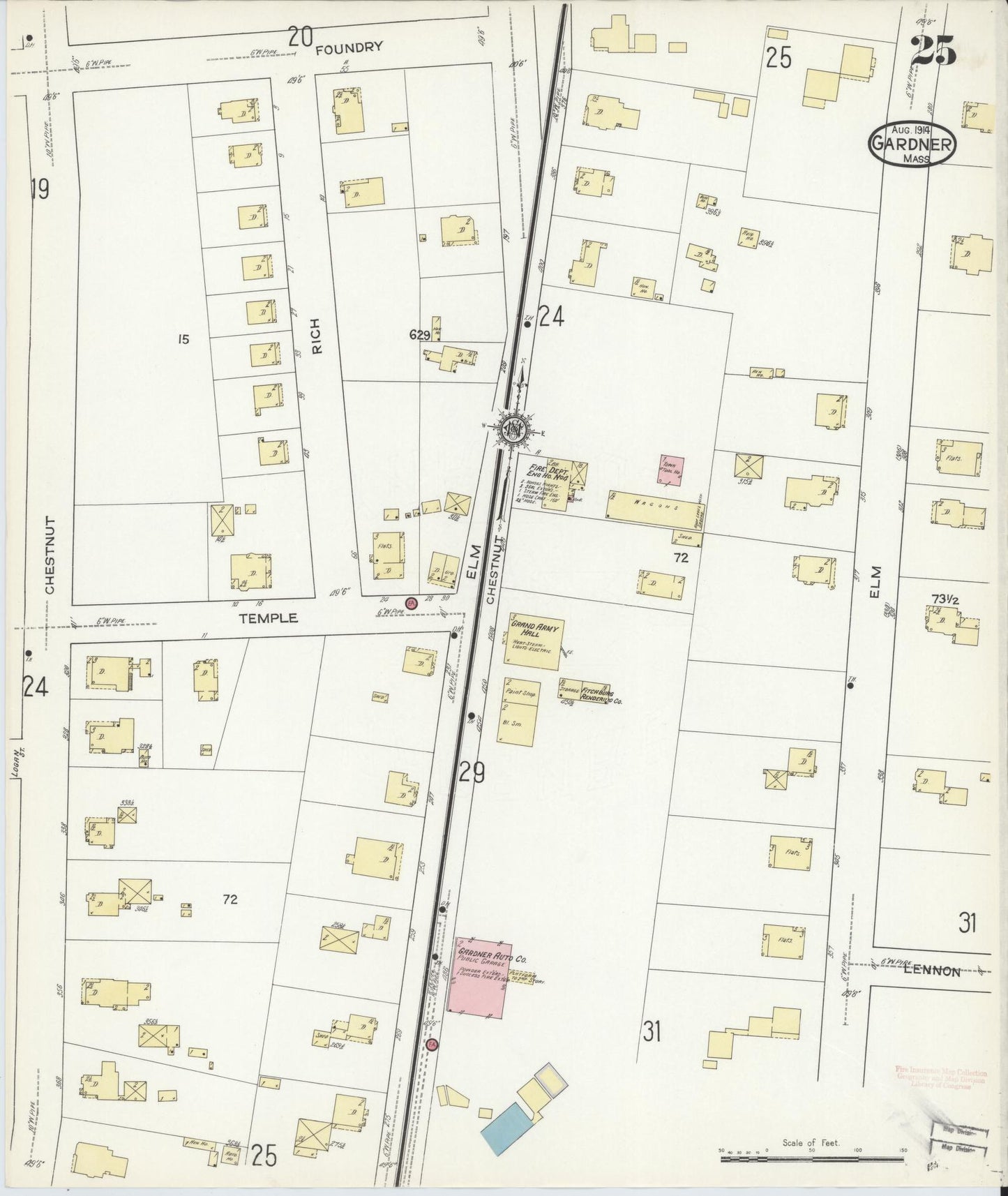 Sanborn Fire Insurance Map from Gardner, Worcester County, Massachusetts (1914), Sheet #0025 - Historic Sanborn Fire Insurance Map Print, vintage old map wall art, antique decor, genealogy gift, Massachusetts Massachusetts map