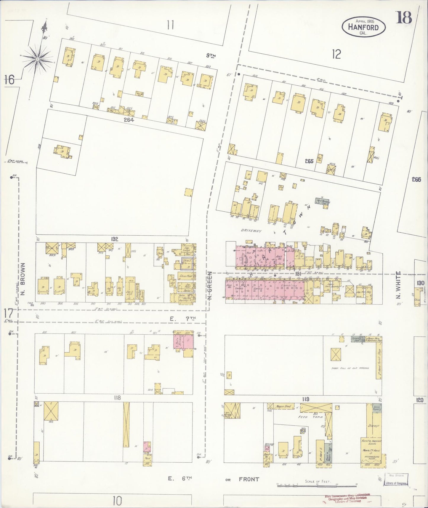Sanborn Fire Insurance Map from Hanford, Kings County, California (1905), Sheet #0018 - Historic Sanborn Fire Insurance Map Print, vintage old map wall art, antique decor, genealogy gift, California California map