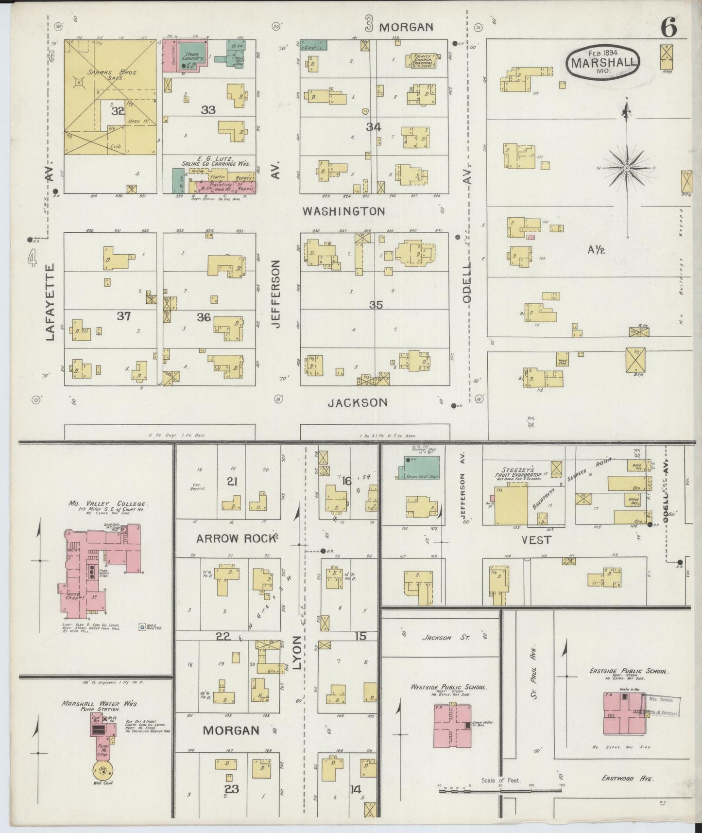 Sanborn Fire Insurance Map from Marshall, Saline County, Missouri (1894), Sheet #0006 - Historic Sanborn Fire Insurance Map Print, vintage old map wall art, antique decor, genealogy gift, Missouri Missouri map