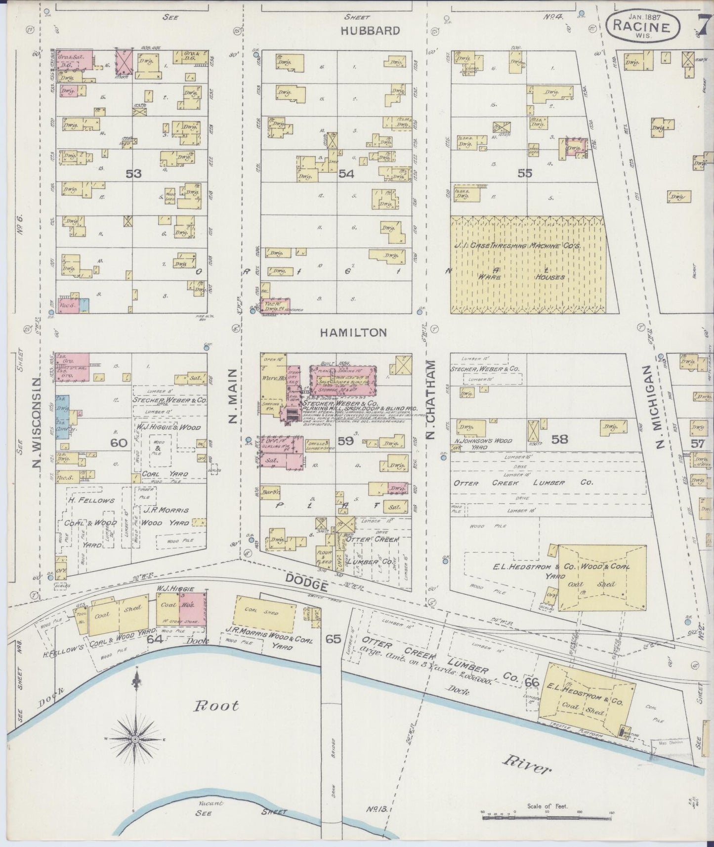 Sanborn Fire Insurance Map from Racine, Racine County, Wisconsin (1887), Sheet #0007 - Historic Sanborn Fire Insurance Map Print, vintage old map wall art, antique decor, genealogy gift, Wisconsin Wisconsin map