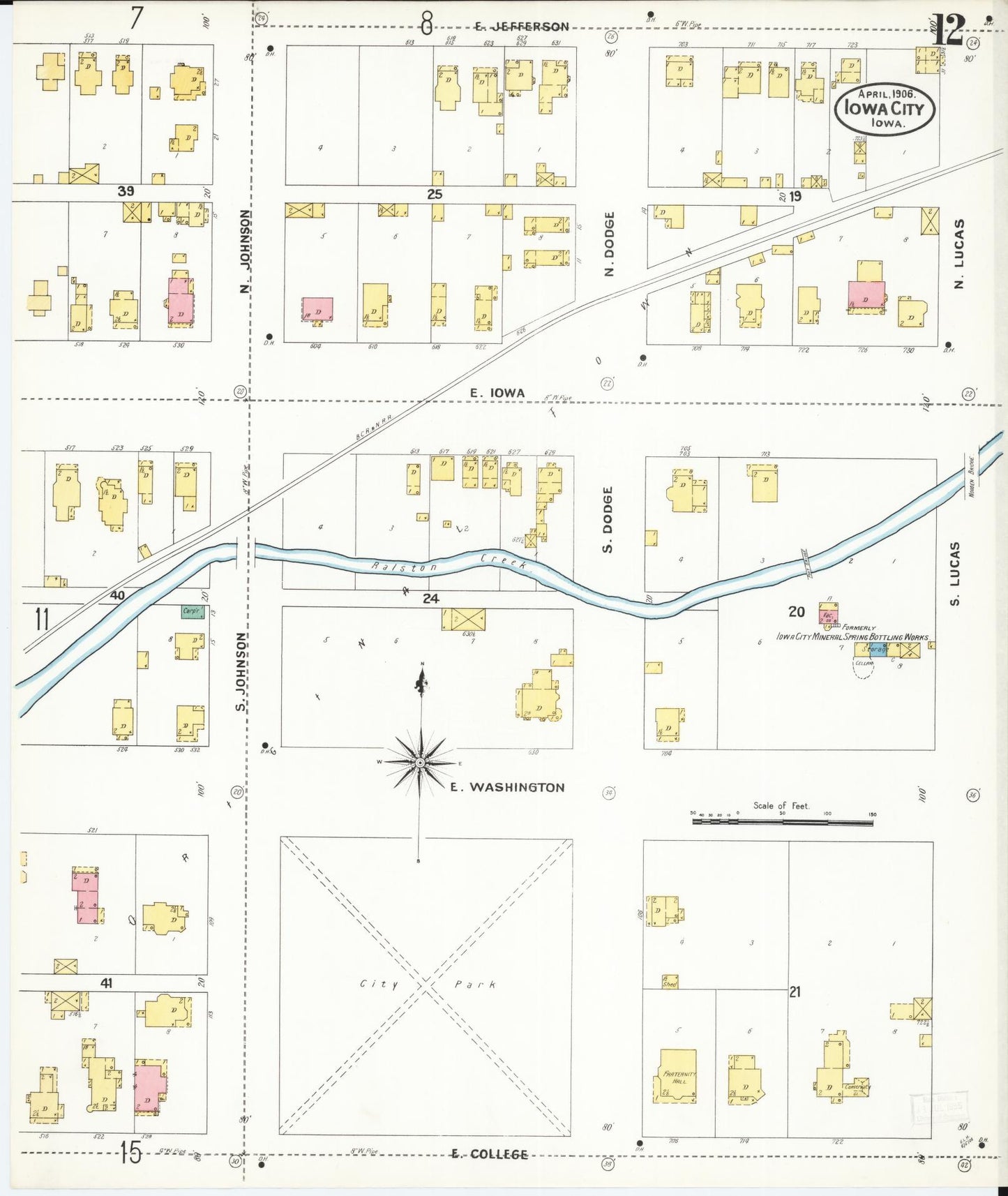 Sanborn Fire Insurance Map from Iowa City, Johnson County, Iowa (1906), Sheet #0012 - Historic Sanborn Fire Insurance Map Print, vintage old map wall art