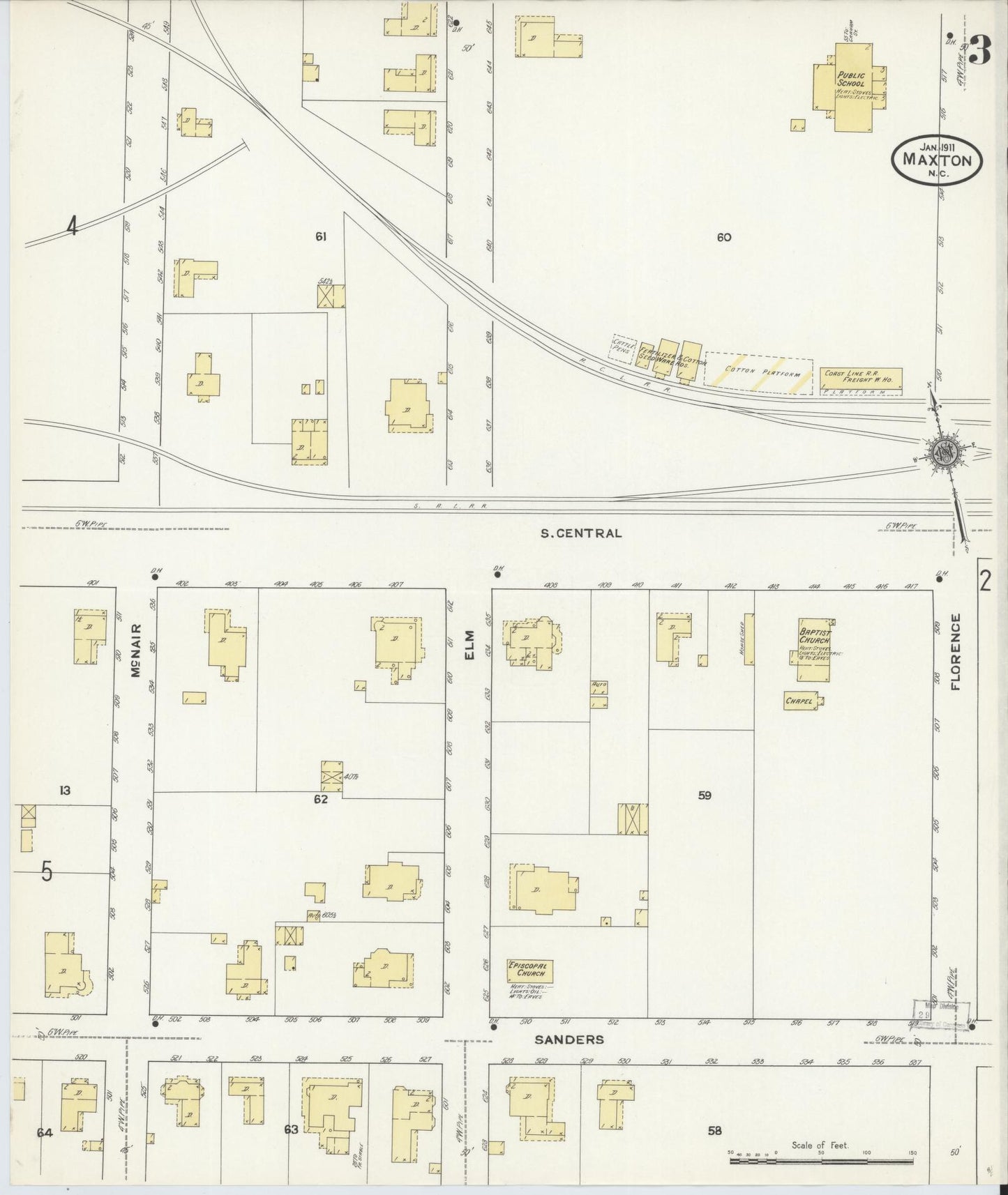 Sanborn Fire Insurance Map from Maxton, Robeson County, North Carolina (1911), Sheet #0003 - Historic Sanborn Fire Insurance Map Print, vintage old map wall art, antique decor, genealogy gift, North Carolina North Carolina map