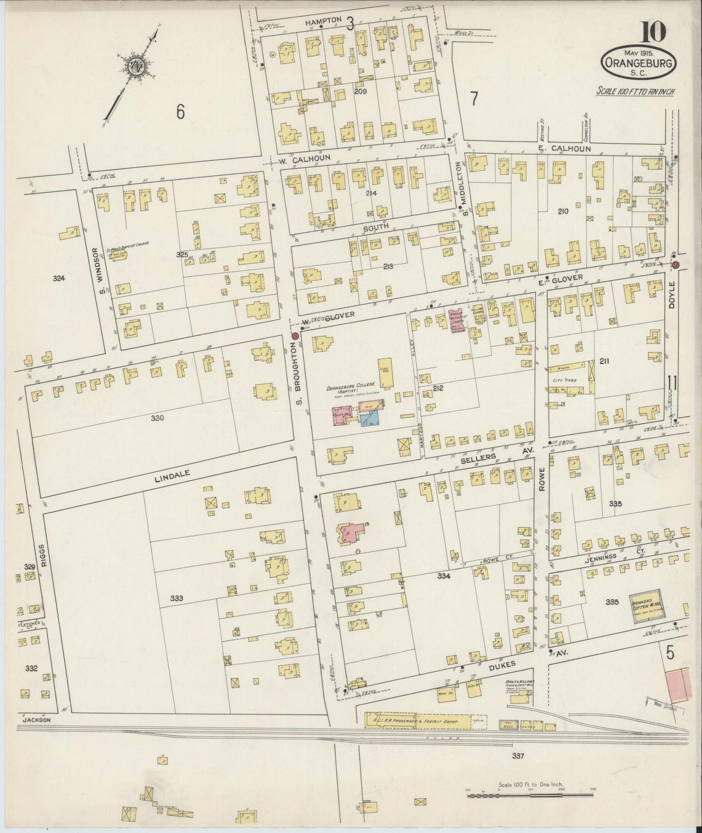 Sanborn Fire Insurance Map from Orangeburg, Orangeburg County, South Carolina (1915), Sheet #0010 - Historic Sanborn Fire Insurance Map Print, vintage old map wall art, antique decor, genealogy gift, South Carolina South Carolina map