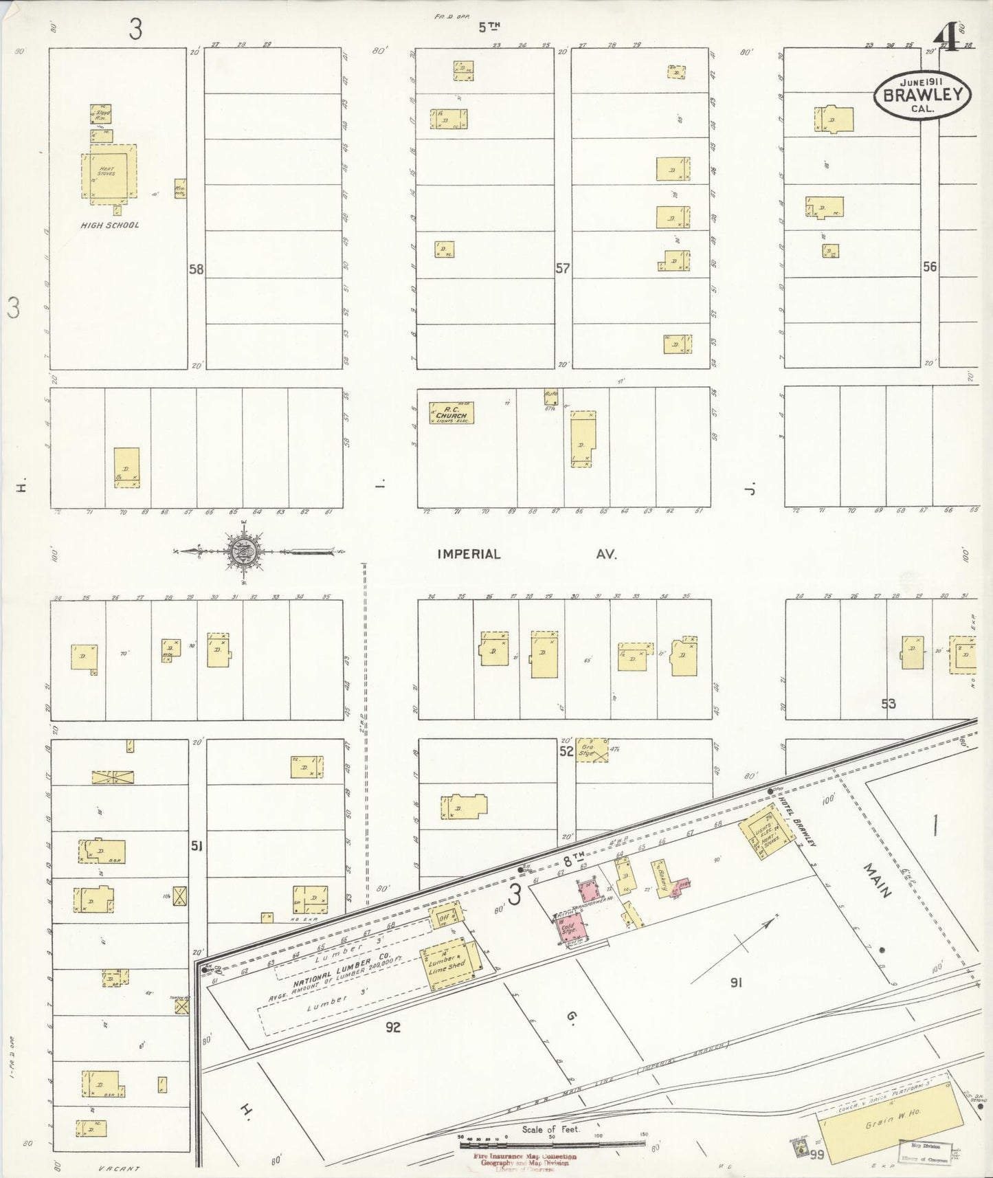 Sanborn Fire Insurance Map from Brawley, Imperial County, California (1911), Sheet #0004 - Historic Sanborn Fire Insurance Map Print, vintage old map wall art, antique decor, genealogy gift, California California map