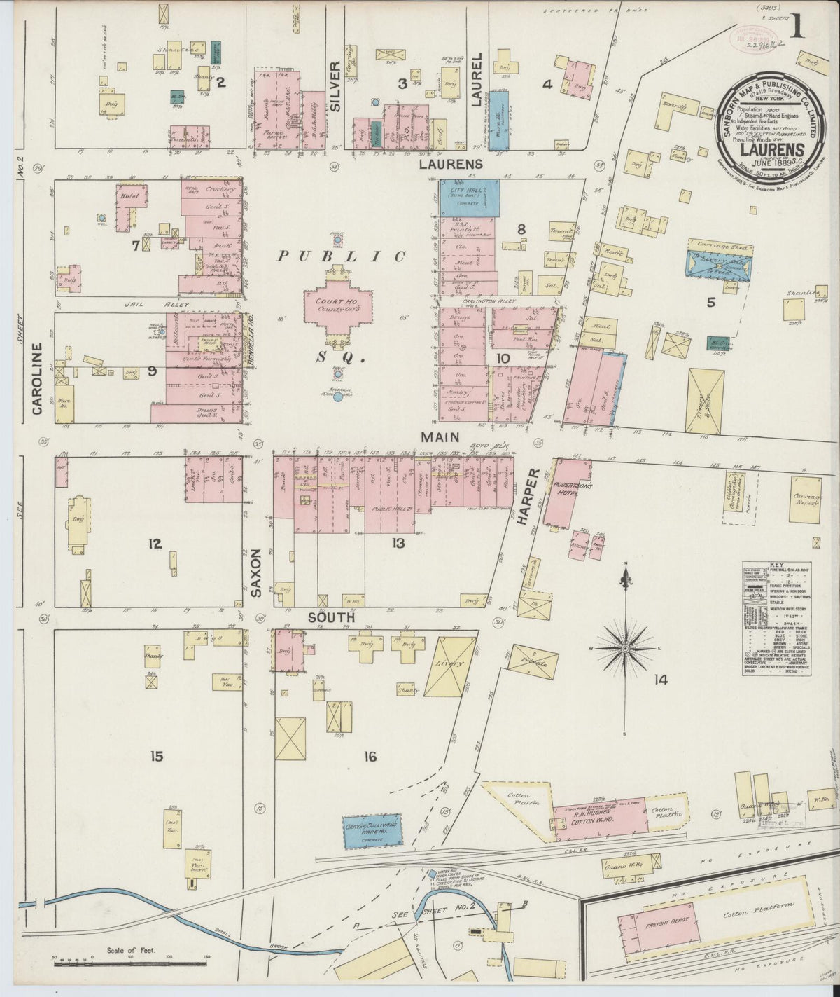 Sanborn Fire Insurance Map from Laurens, Laurens County, South Carolina (1889), Sheet #0001 - Historic Sanborn Fire Insurance Map Print, vintage old map wall art, antique decor, genealogy gift, South Carolina South Carolina map