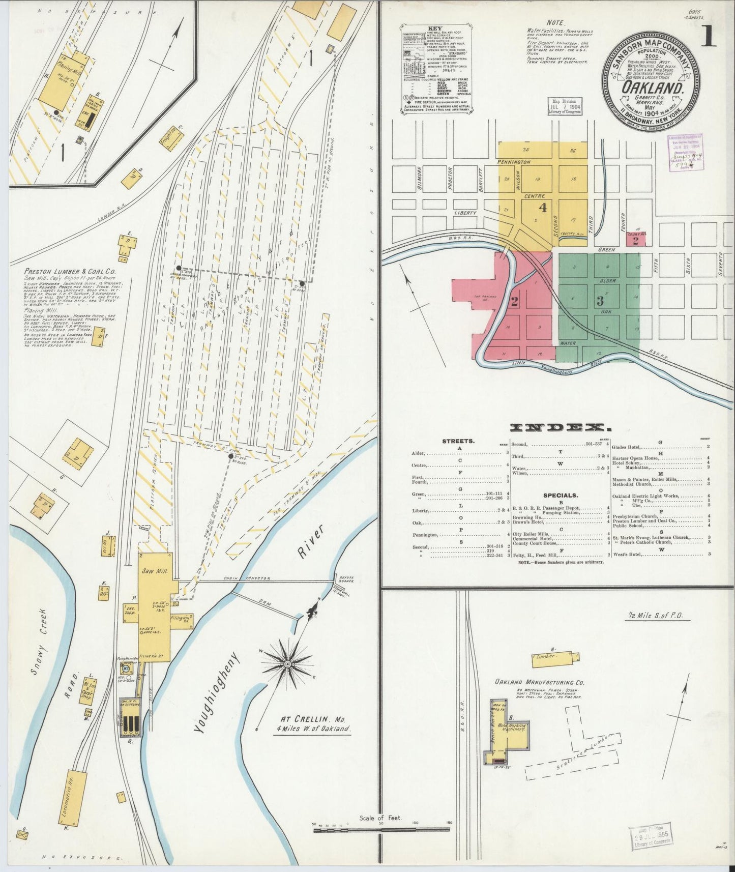 Sanborn Fire Insurance Map from Oakland, Garrett County, Maryland (1904), Sheet #0001 - Historic Sanborn Fire Insurance Map Print, vintage old map wall art, antique decor, genealogy gift, Maryland Maryland map