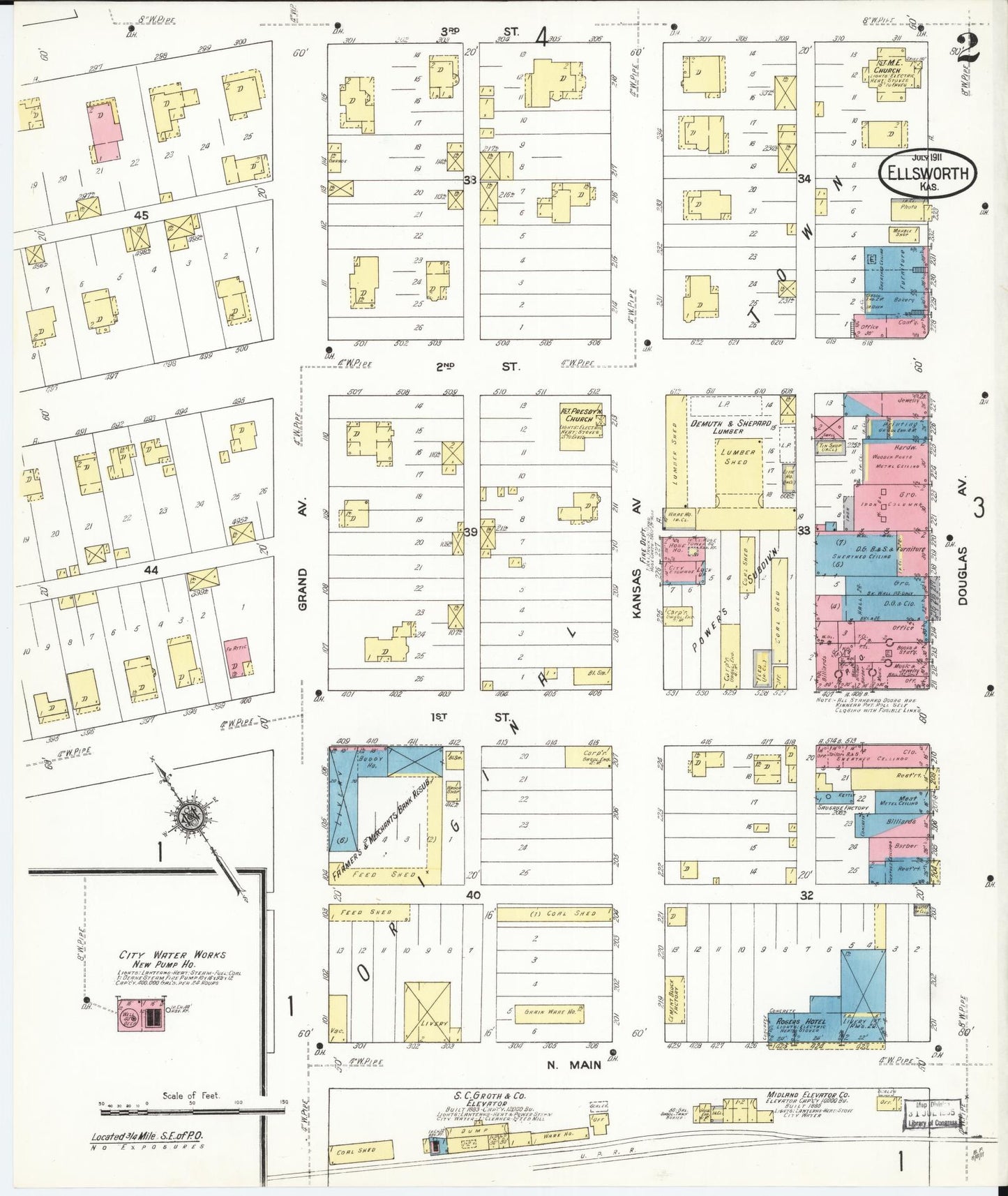 Sanborn Fire Insurance Map from Ellsworth, Ellsworth County, Kansas (1911), Sheet #0002 - Historic Sanborn Fire Insurance Map Print, vintage old map wall art, antique decor, genealogy gift, Kansas Kansas map