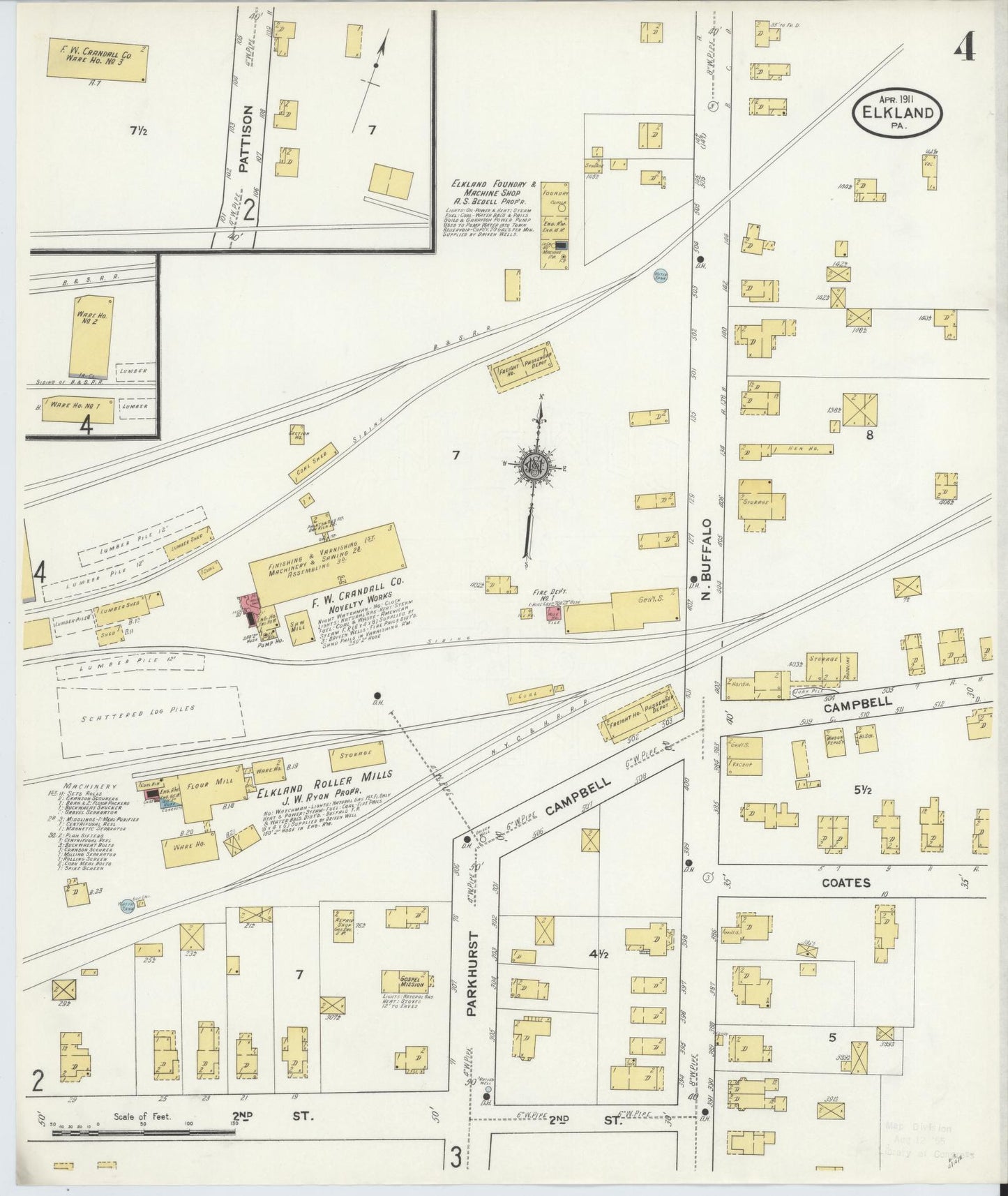 Sanborn Fire Insurance Map from Elkland, Tioga County, Pennsylvania (1911), Sheet #0004 - Historic Sanborn Fire Insurance Map Print, vintage old map wall art, antique decor, genealogy gift, Pennsylvania Pennsylvania map