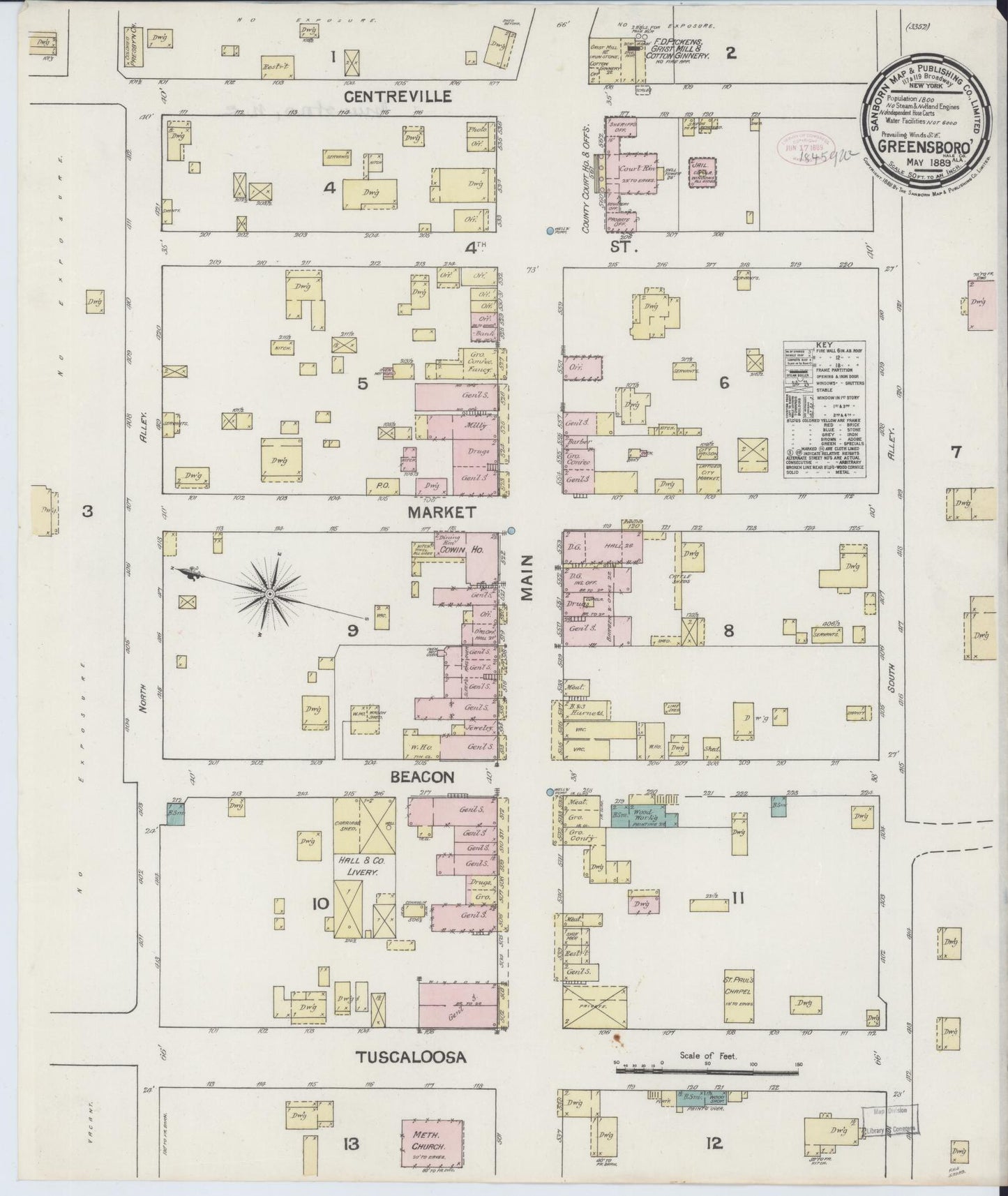 Sanborn Fire Insurance Map from Greensboro, Hale County, Alabama (1889), Sheet #0001 - Historic Sanborn Fire Insurance Map Print, vintage old map wall art, antique decor, genealogy gift, Alabama Alabama map