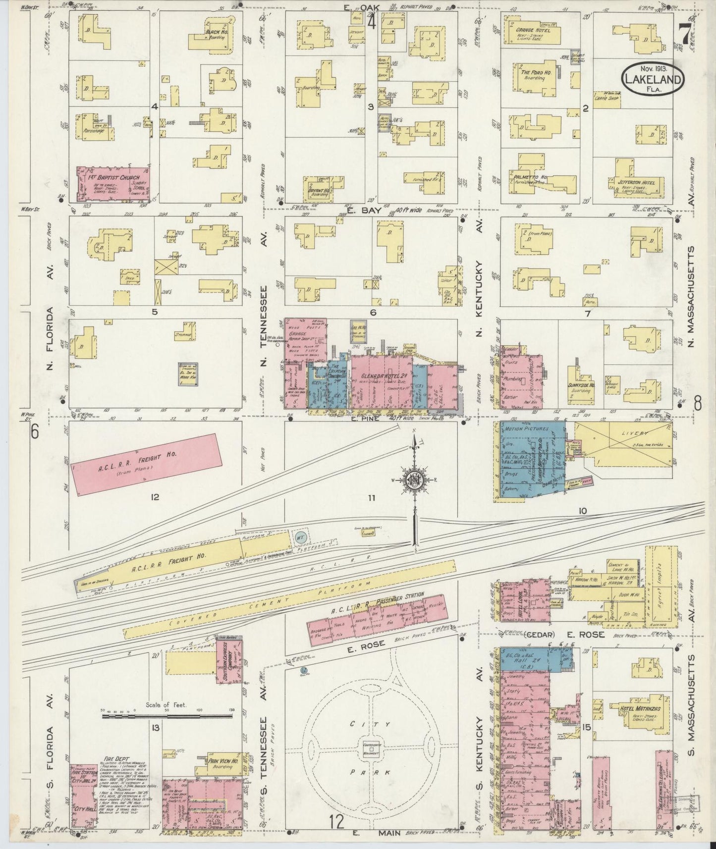 Sanborn Fire Insurance Map from Lakeland, Polk County, Florida (1913), Sheet #0007 - Historic Sanborn Fire Insurance Map Print, vintage old map wall art, antique decor, genealogy gift, Florida Florida map