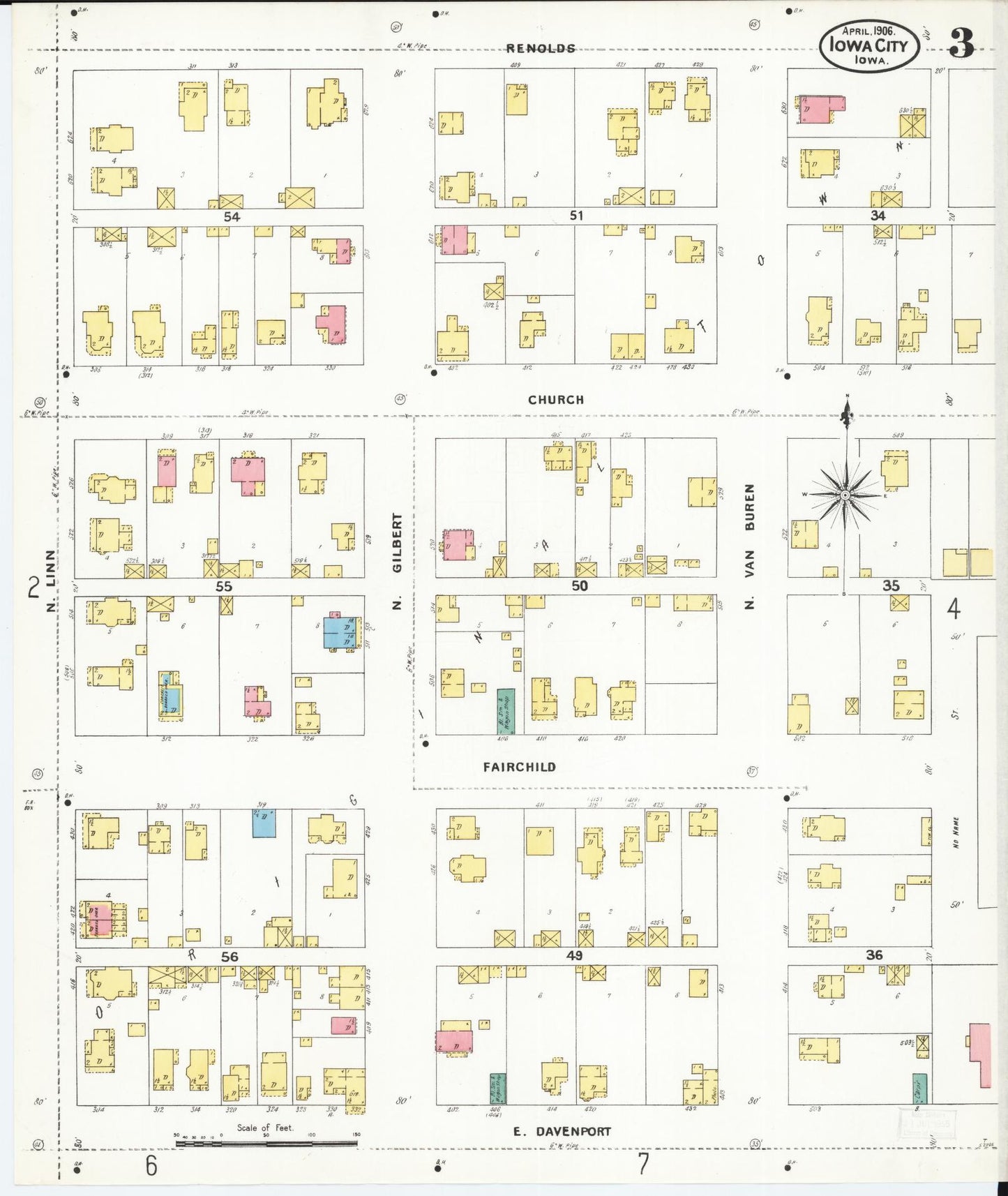 Sanborn Fire Insurance Map from Iowa City, Johnson County, Iowa (1906), Sheet #0003 - Historic Sanborn Fire Insurance Map Print, vintage old map wall art