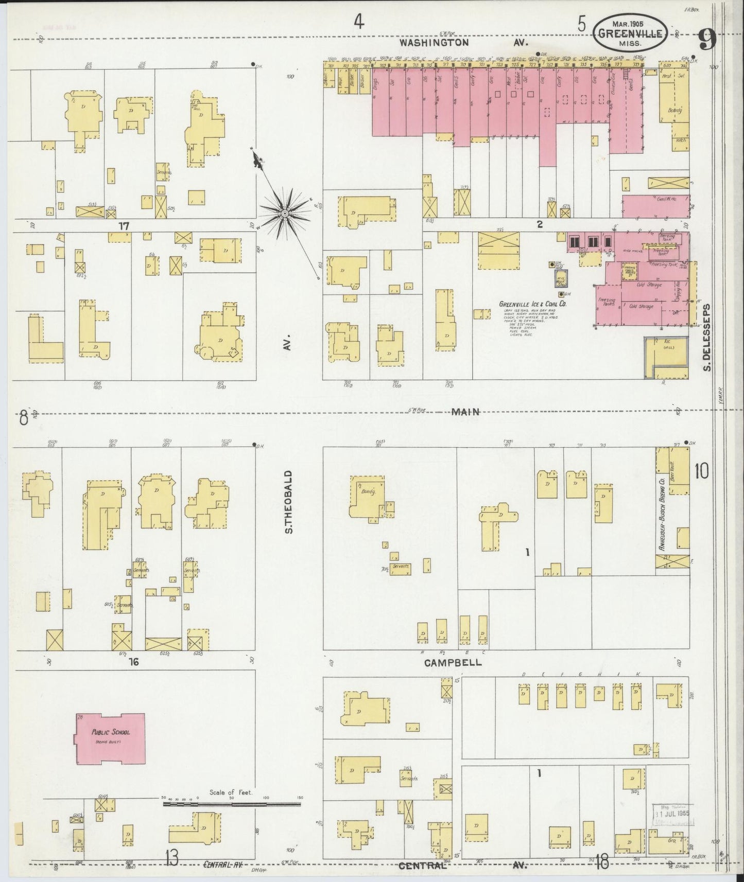Sanborn Fire Insurance Map from Greenville, Washington County, Mississippi (1905), Sheet #0009 - Historic Sanborn Fire Insurance Map Print, vintage old map wall art, antique decor, genealogy gift, Mississippi Mississippi map