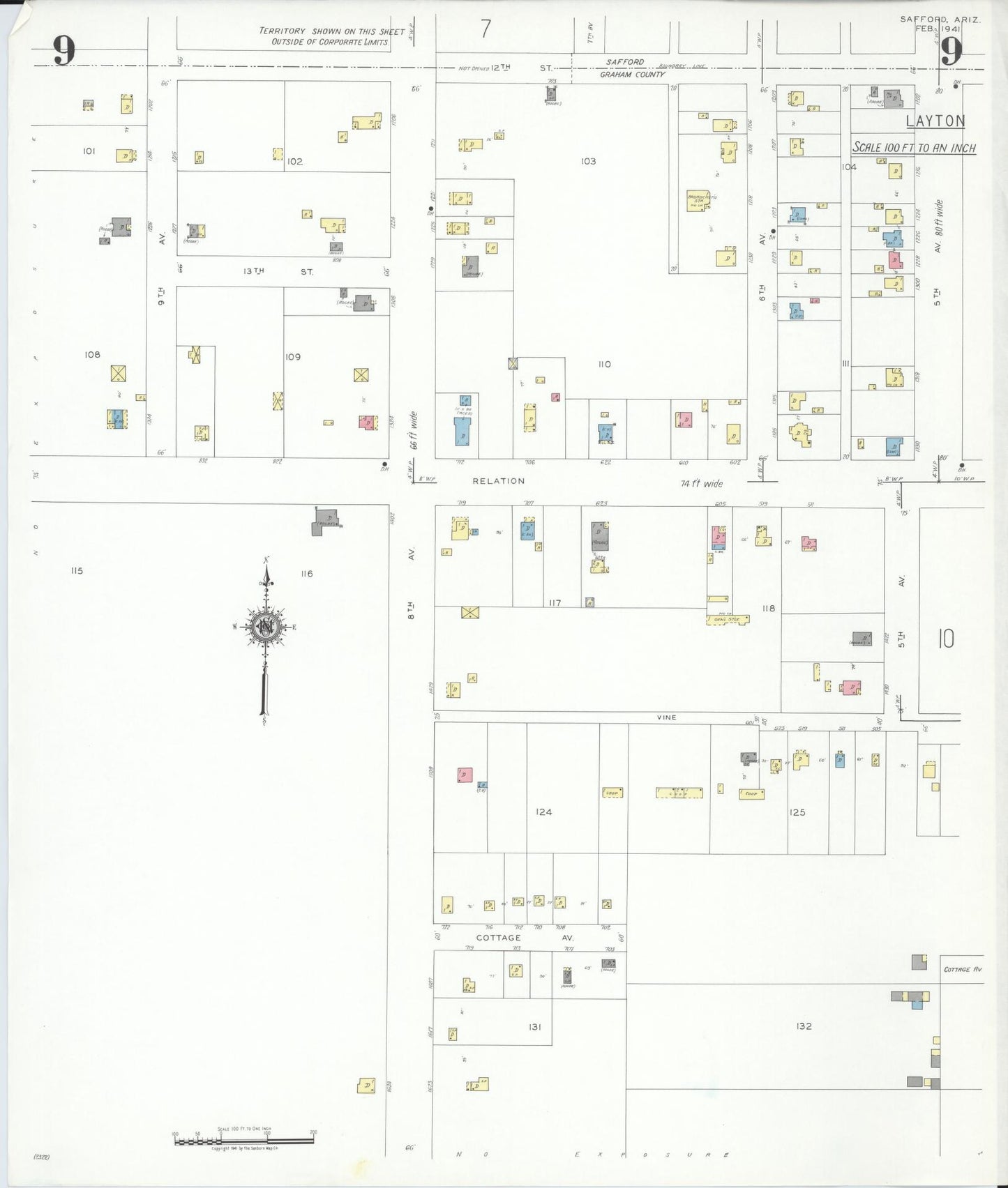 Sanborn Fire Insurance Map from Safford, Graham County, Arizona (1941), Sheet #0009 - Historic Sanborn Fire Insurance Map Print, vintage old map wall art, antique decor, genealogy gift, Arizona Arizona map