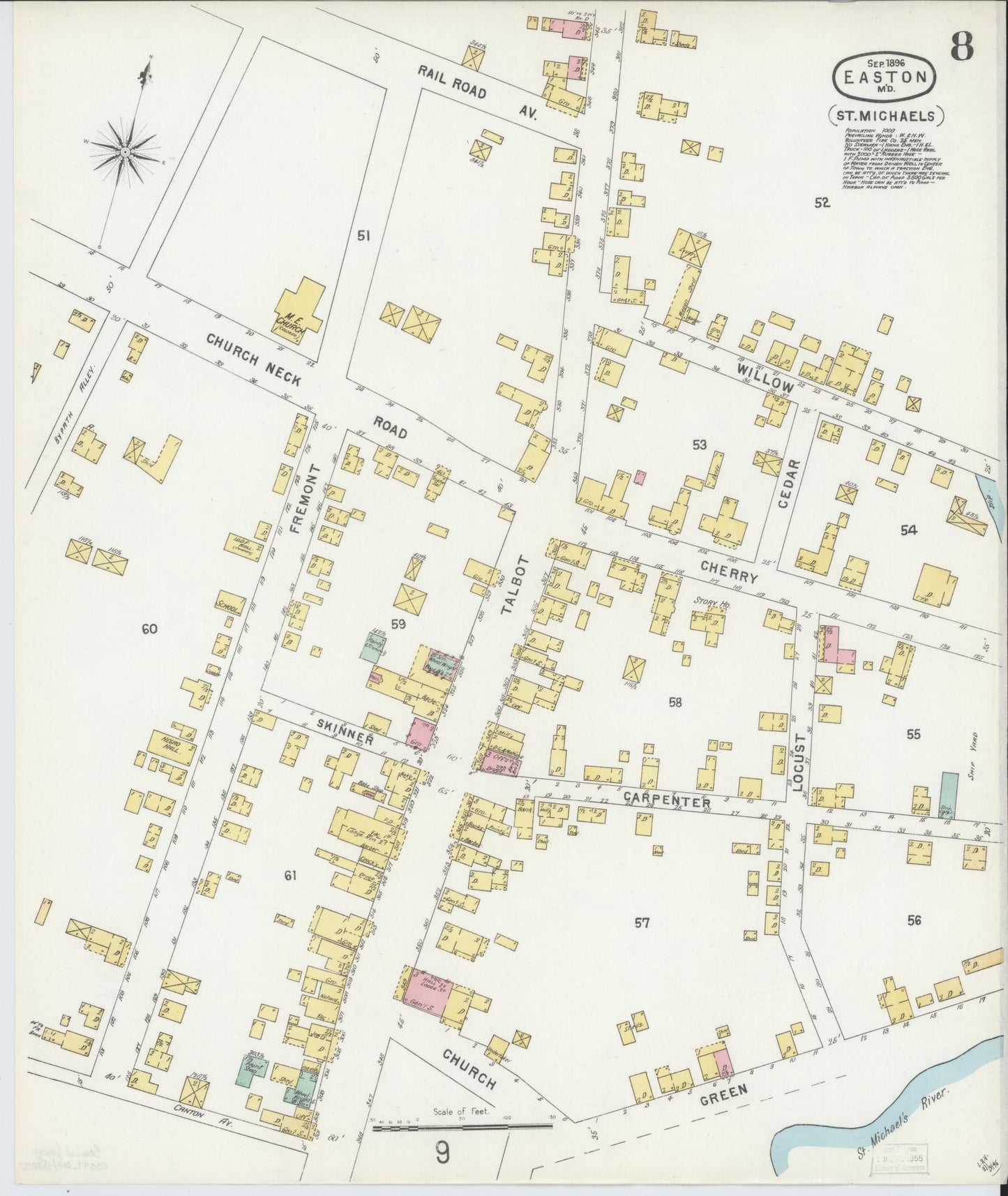 Sanborn Fire Insurance Map from Easton, Talbot County, Maryland (1896), Sheet #0008 - Historic Sanborn Fire Insurance Map Print, vintage old map wall art, antique decor, genealogy gift, Maryland Maryland map