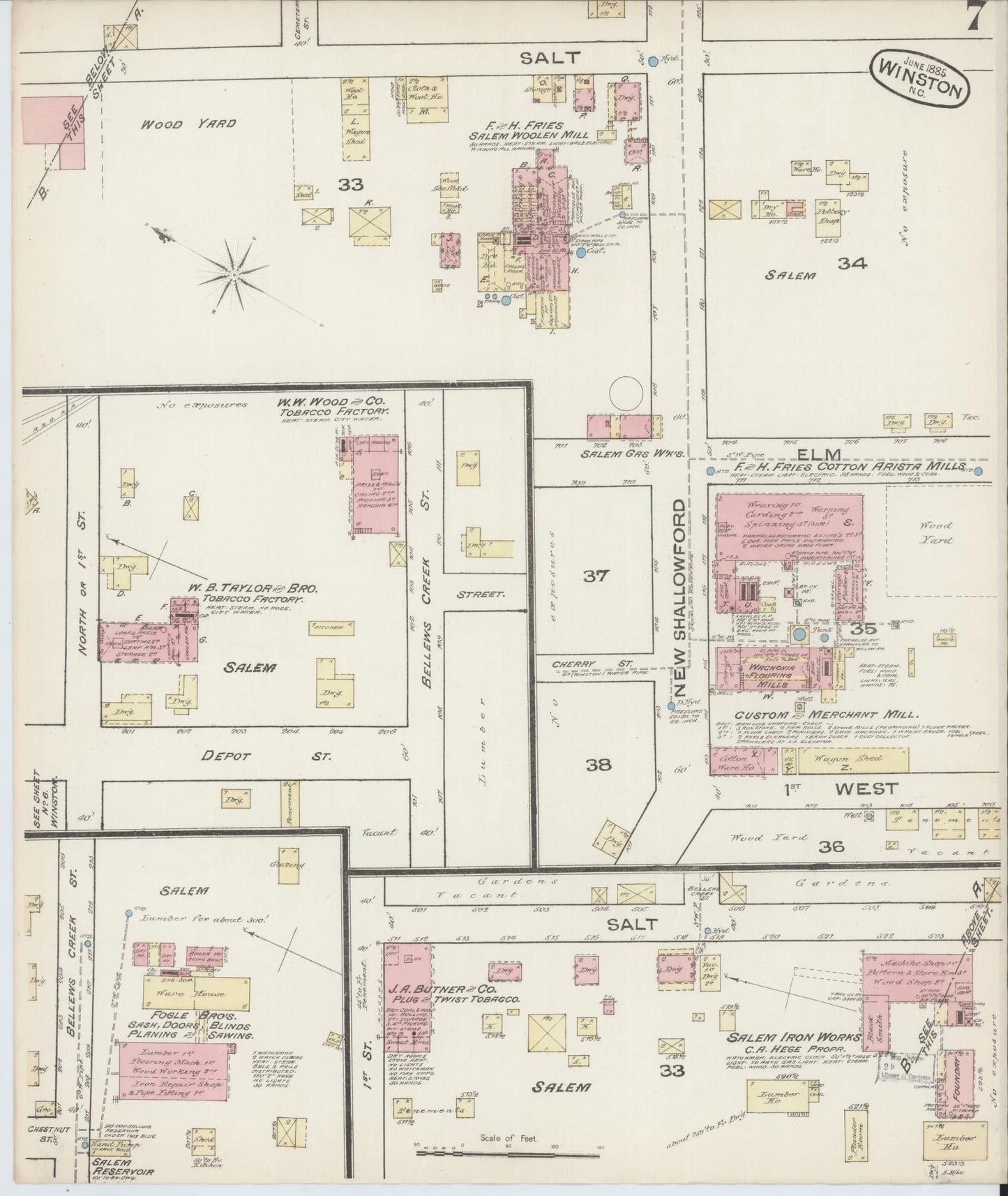 Sanborn Fire Insurance Map from Winston-Salem, Forsyth County, North Carolina (1885), Sheet #0007 - Historic Sanborn Fire Insurance Map Print, vintage old map wall art, antique decor, genealogy gift, North Carolina North Carolina map