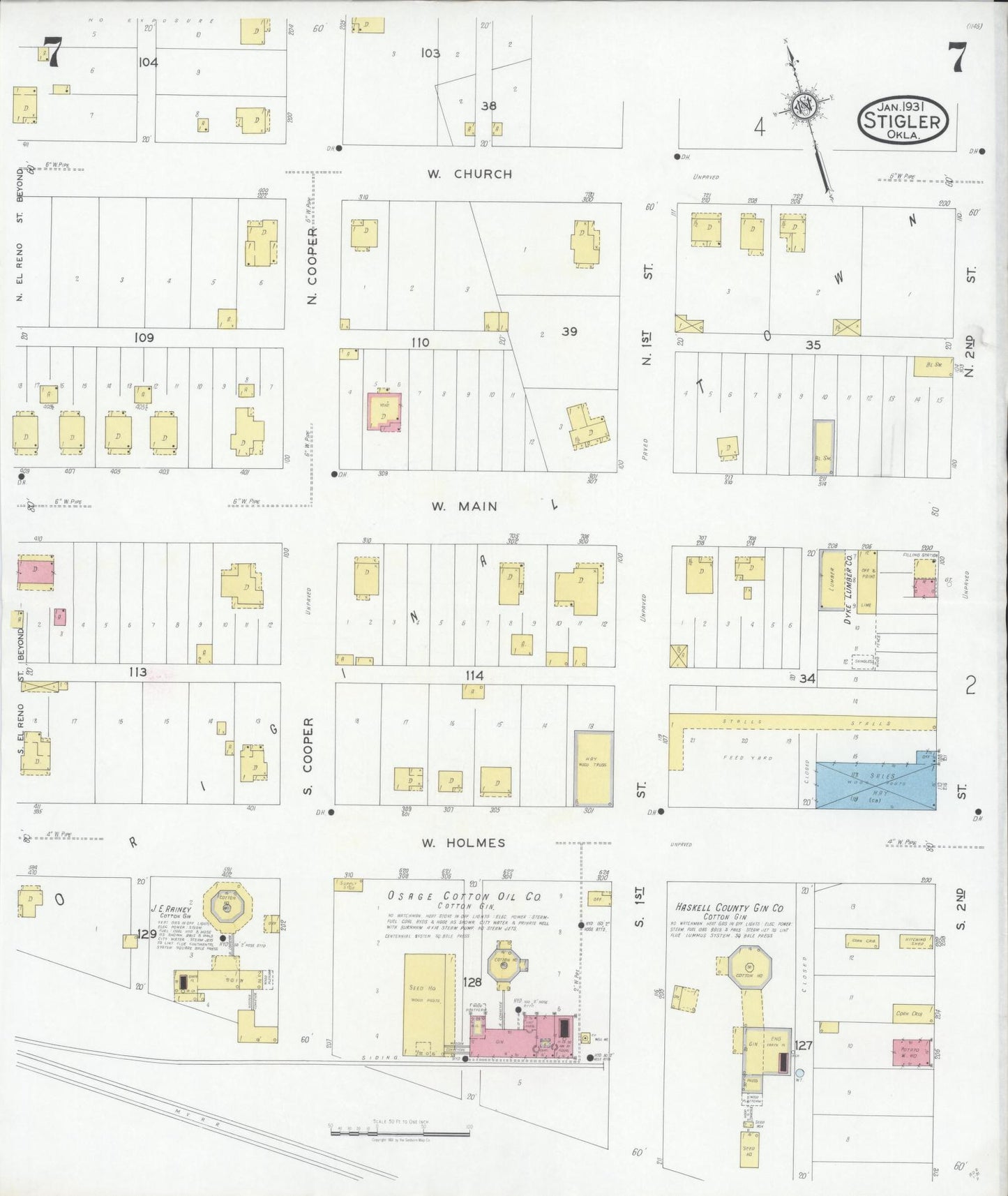 Sanborn Fire Insurance Map from Stigler, Haskell County, Oklahoma (1931), Sheet #0007 - Complete Map Set gallery image, historic Sanborn map, vintage wall art, Oklahoma Oklahoma