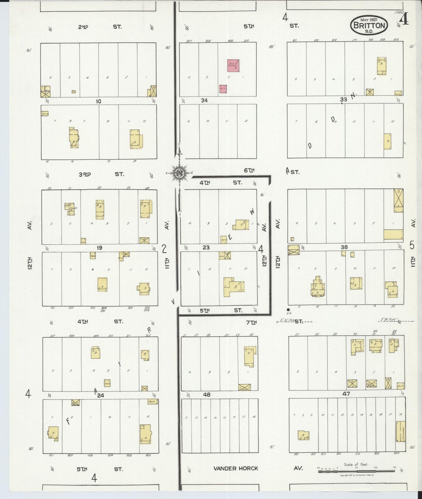 Sanborn Fire Insurance Map from Britton, Marshall County, South Dakota (1921), Sheet #0004 - Historic Sanborn Fire Insurance Map Print, vintage old map wall art, antique decor, genealogy gift, South Dakota South Dakota map