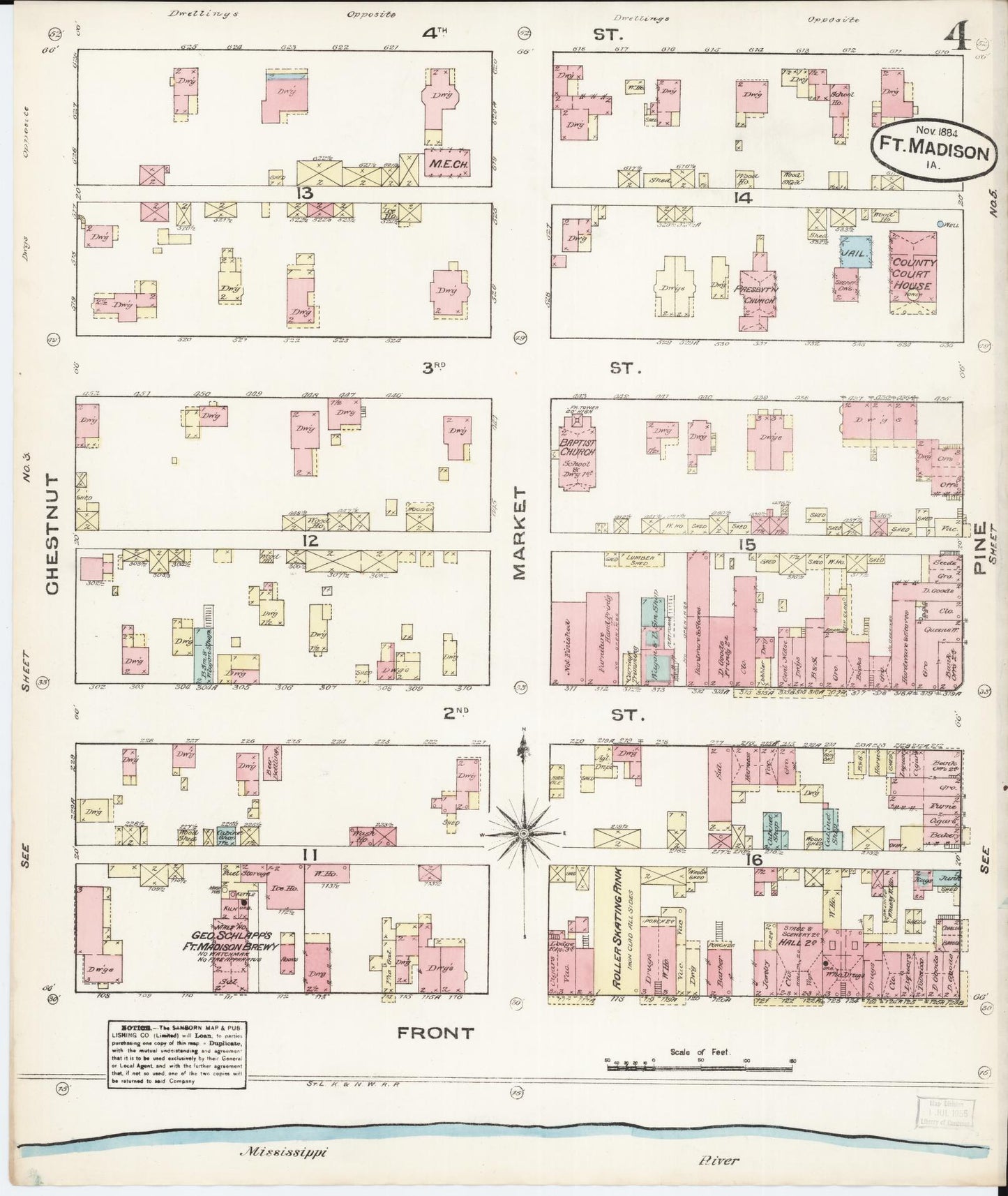 Sanborn Fire Insurance Map from Fort Madison, Lee County, Iowa (1884), Sheet #0004 - Historic Sanborn Fire Insurance Map Print, vintage old map wall art