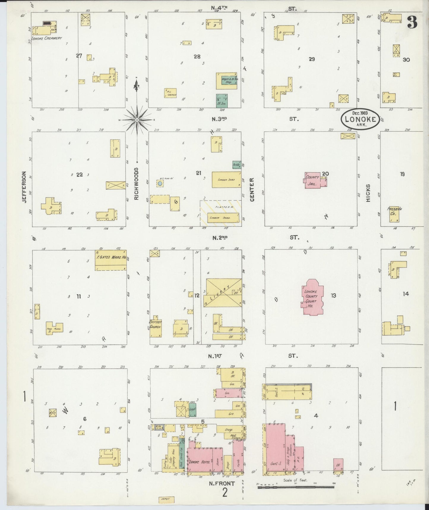 Sanborn Fire Insurance Map from Lonoke, Lonoke County, Arkansas (1903), Sheet #0003 - Historic Sanborn Fire Insurance Map Print, vintage old map wall art, antique decor, genealogy gift, Arkansas Arkansas map