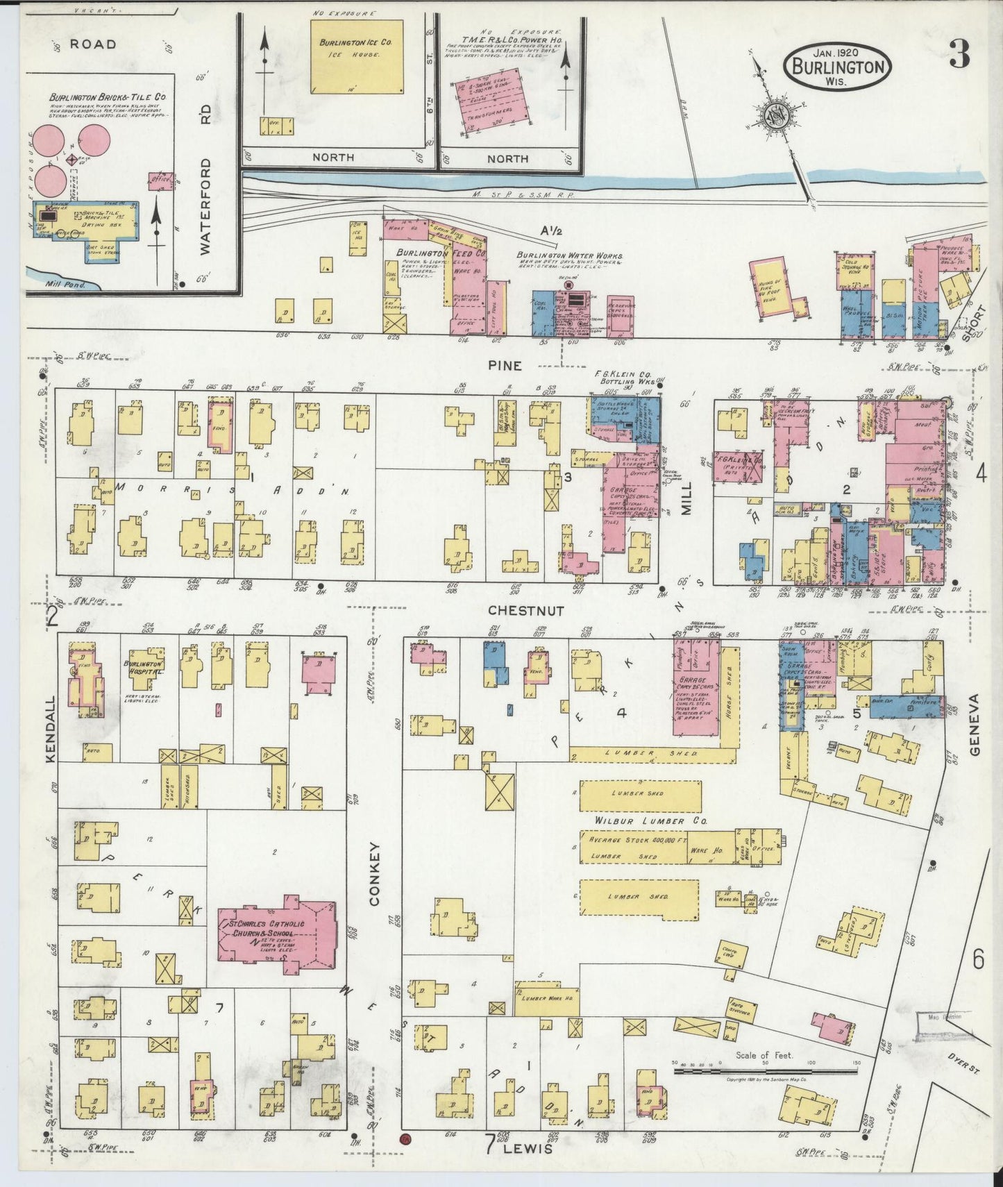 Sanborn Fire Insurance Map from Burlington, Racine County, Wisconsin (1920), Sheet #0003 - Historic Sanborn Fire Insurance Map Print, vintage old map wall art, antique decor, genealogy gift, Wisconsin Wisconsin map