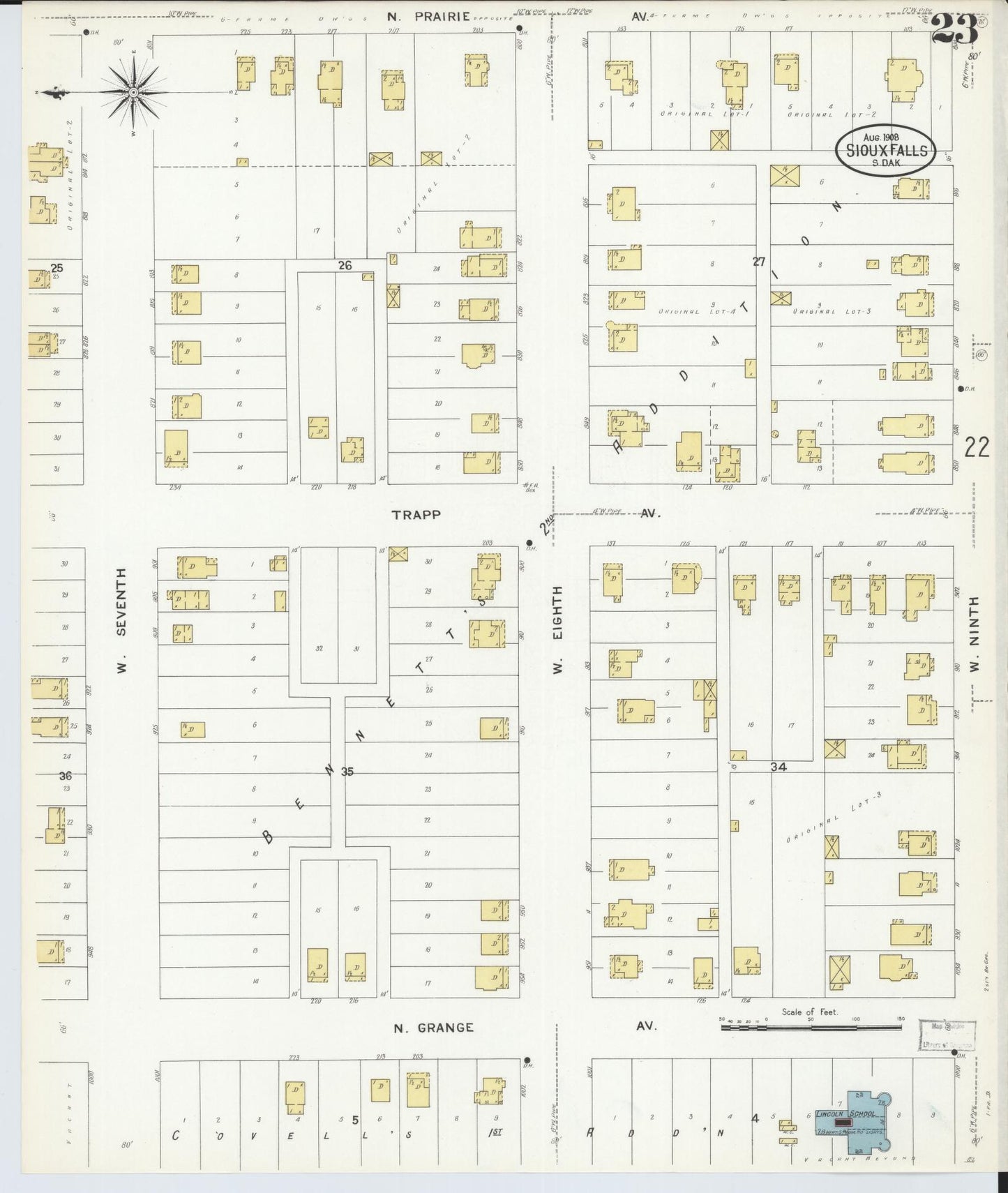 Sanborn Fire Insurance Map from Sioux Falls, Minnehaha County, South Dakota (1908), Sheet #0023 - Historic Sanborn Fire Insurance Map Print, vintage old map wall art, antique decor, genealogy gift, South Dakota South Dakota map