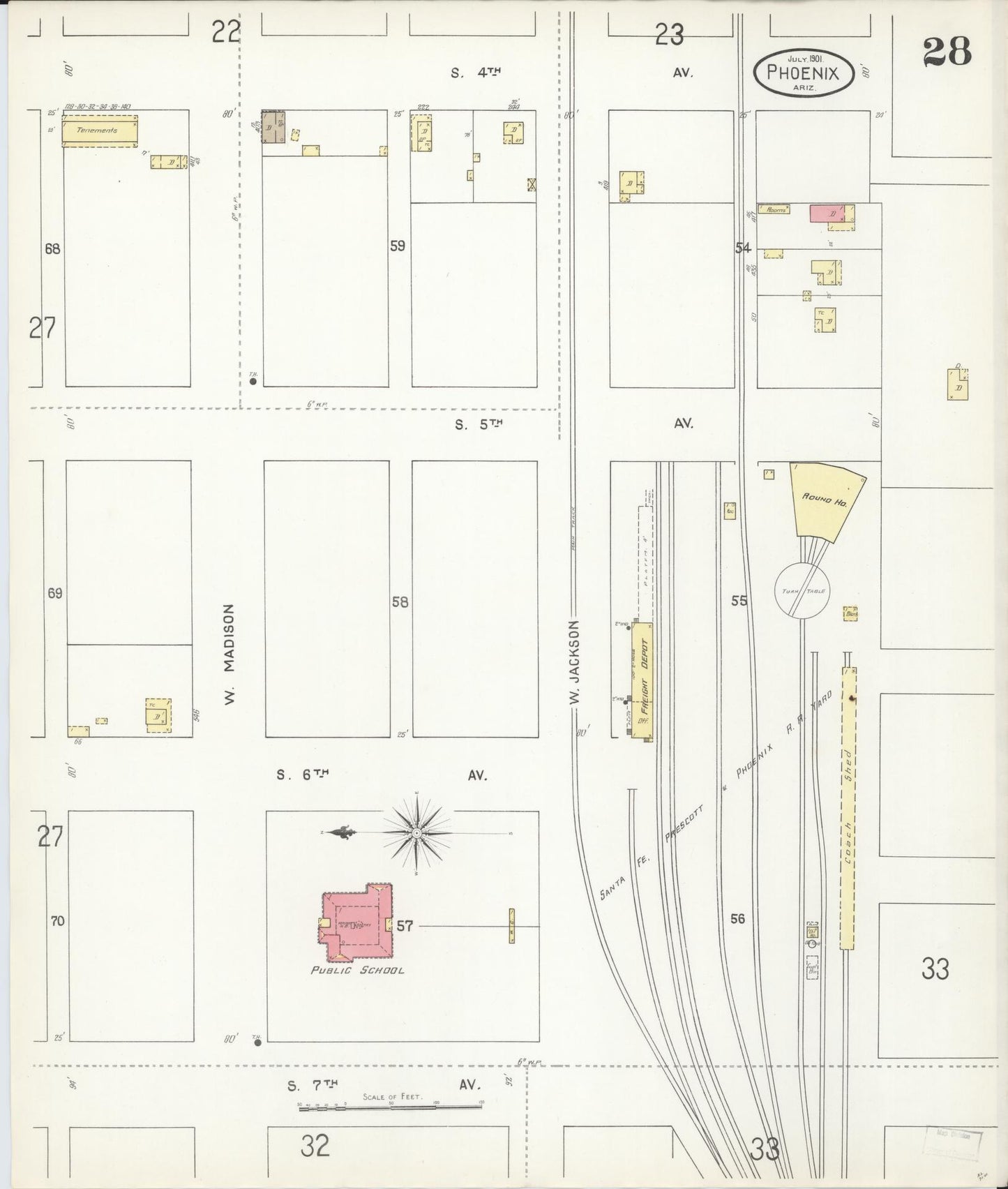 Sanborn Fire Insurance Map from Phoenix, Maricopa County, Arizona (1901), Sheet #0028 - Historic Sanborn Fire Insurance Map Print, vintage old map wall art, antique decor, genealogy gift, Arizona Arizona map