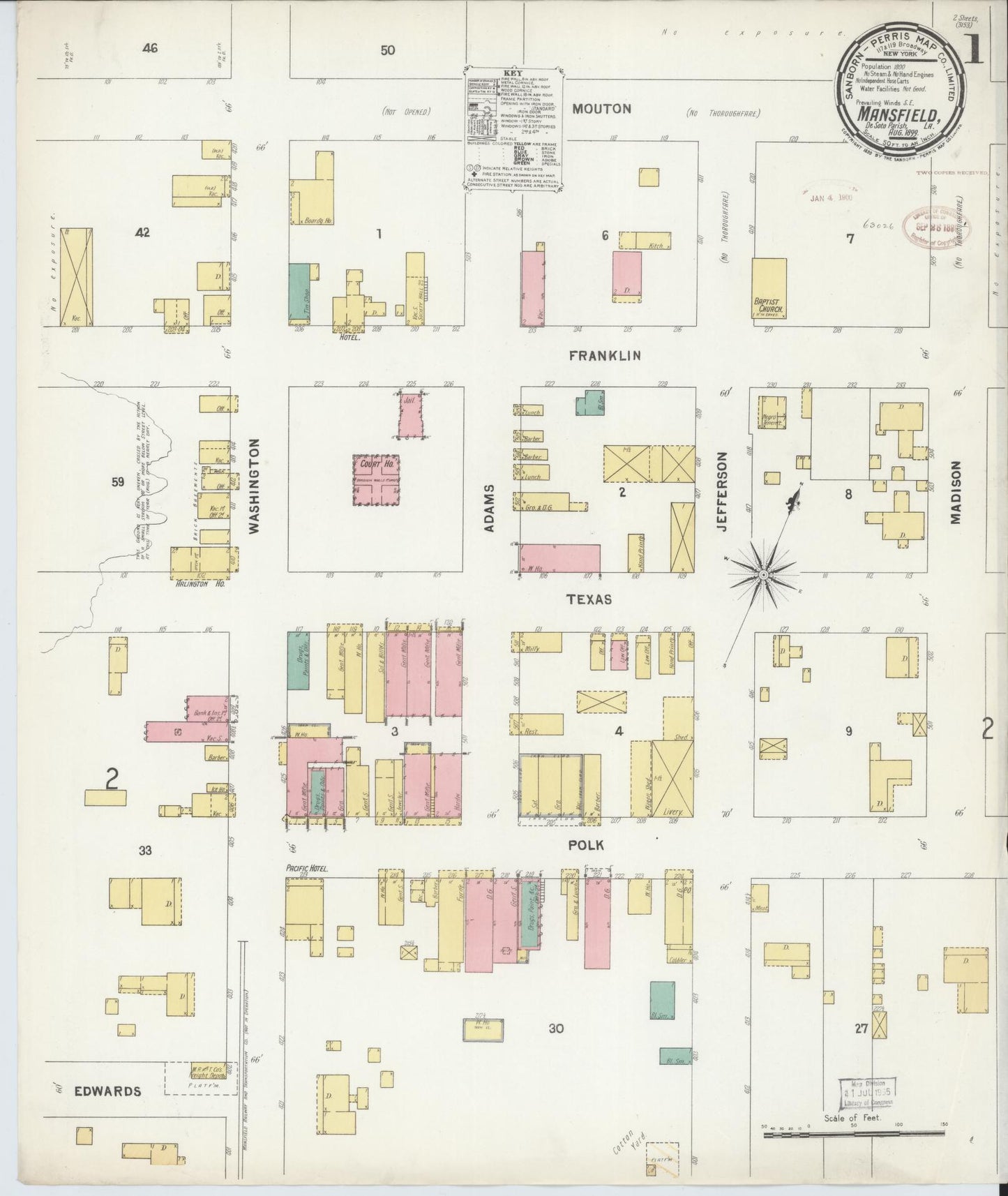Sanborn Fire Insurance Map from Mansfield, De Soto Parish, Louisiana (1899), Sheet #0001 - Historic Sanborn Fire Insurance Map Print, vintage old map wall art, antique decor, genealogy gift, Louisiana Louisiana map