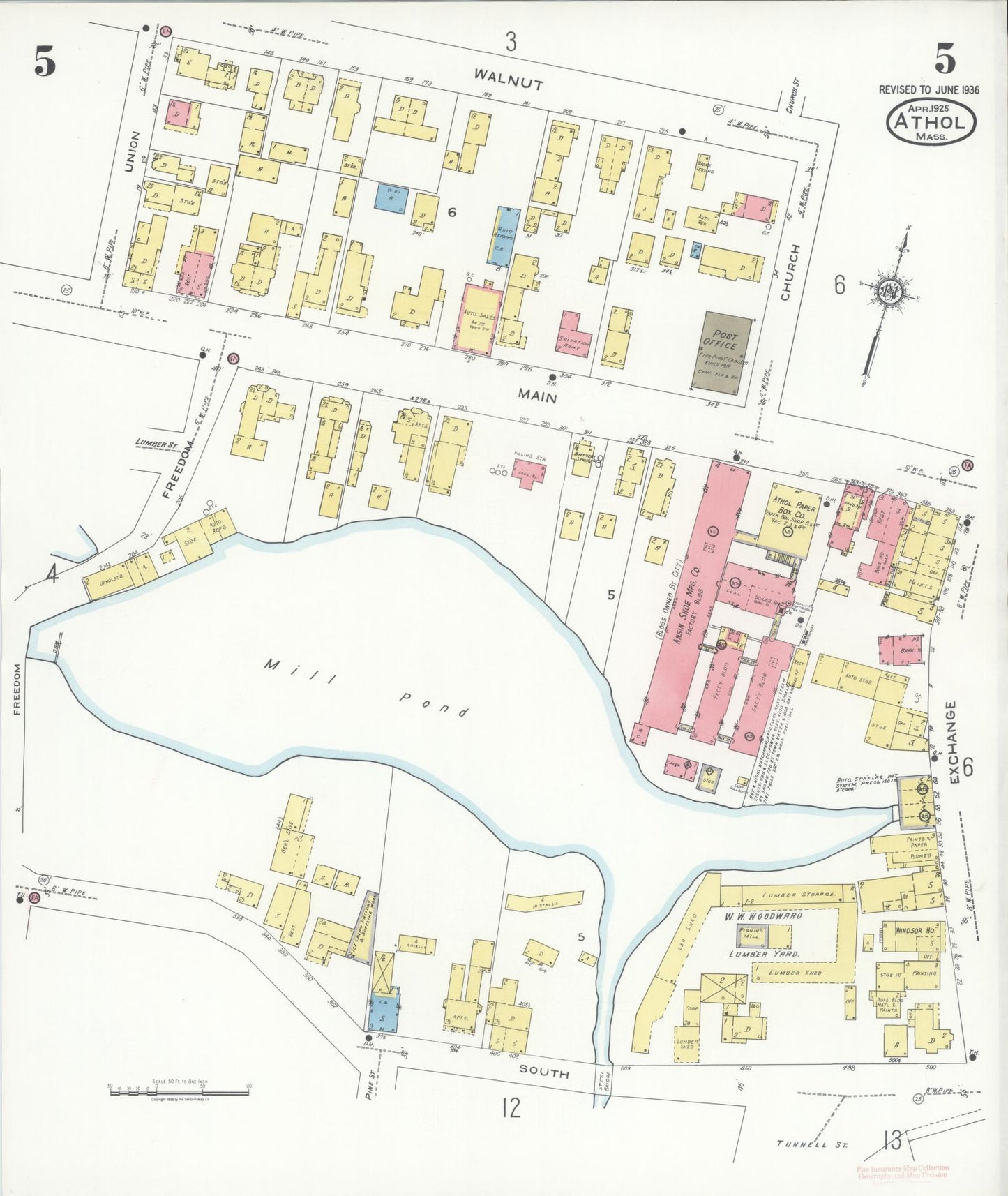 Sanborn Fire Insurance Map from Athol, Worcester County, Massachusetts (1936), Sheet #0005 - Historic Sanborn Fire Insurance Map Print, vintage old map wall art, antique decor, genealogy gift, Massachusetts Massachusetts map