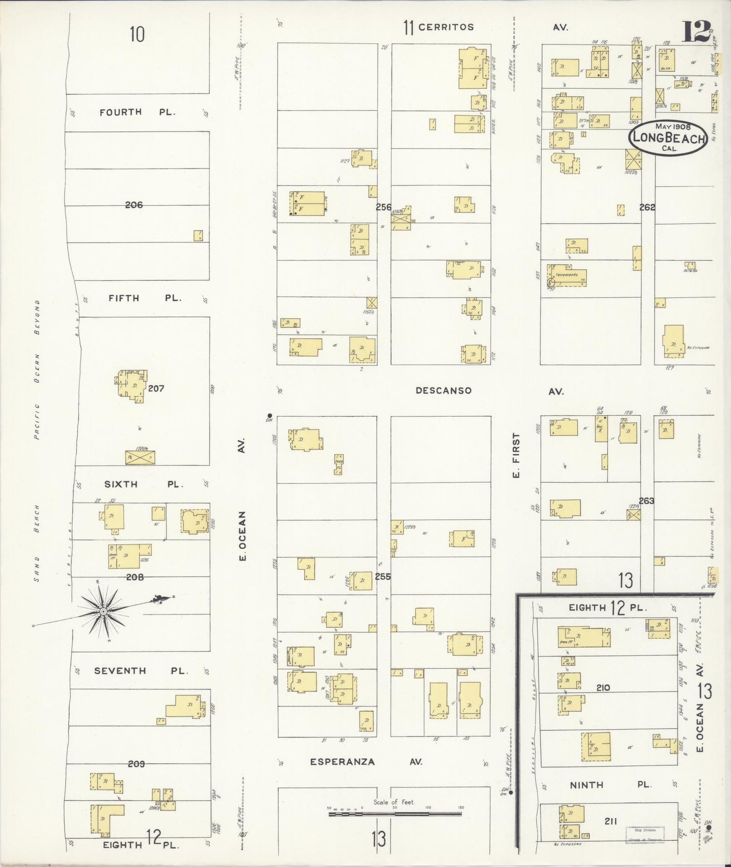 Sanborn Fire Insurance Map from Long Beach, Los Angeles County, California (1908), Sheet #0012 - Historic Sanborn Fire Insurance Map Print, vintage old map wall art, antique decor, genealogy gift, California California map