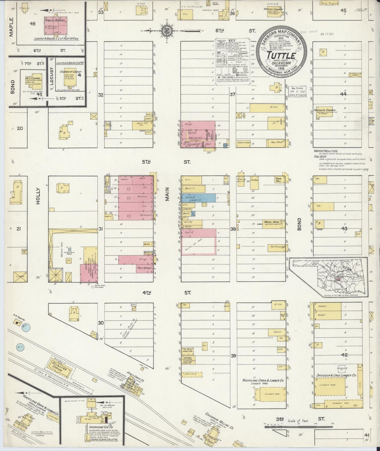 Sanborn Fire Insurance Map from Tuttle, Grady County, Oklahoma (1916), Sheet #0001 - Historic Sanborn Fire Insurance Map Print, vintage old map wall art, antique decor, genealogy gift, Oklahoma Oklahoma map