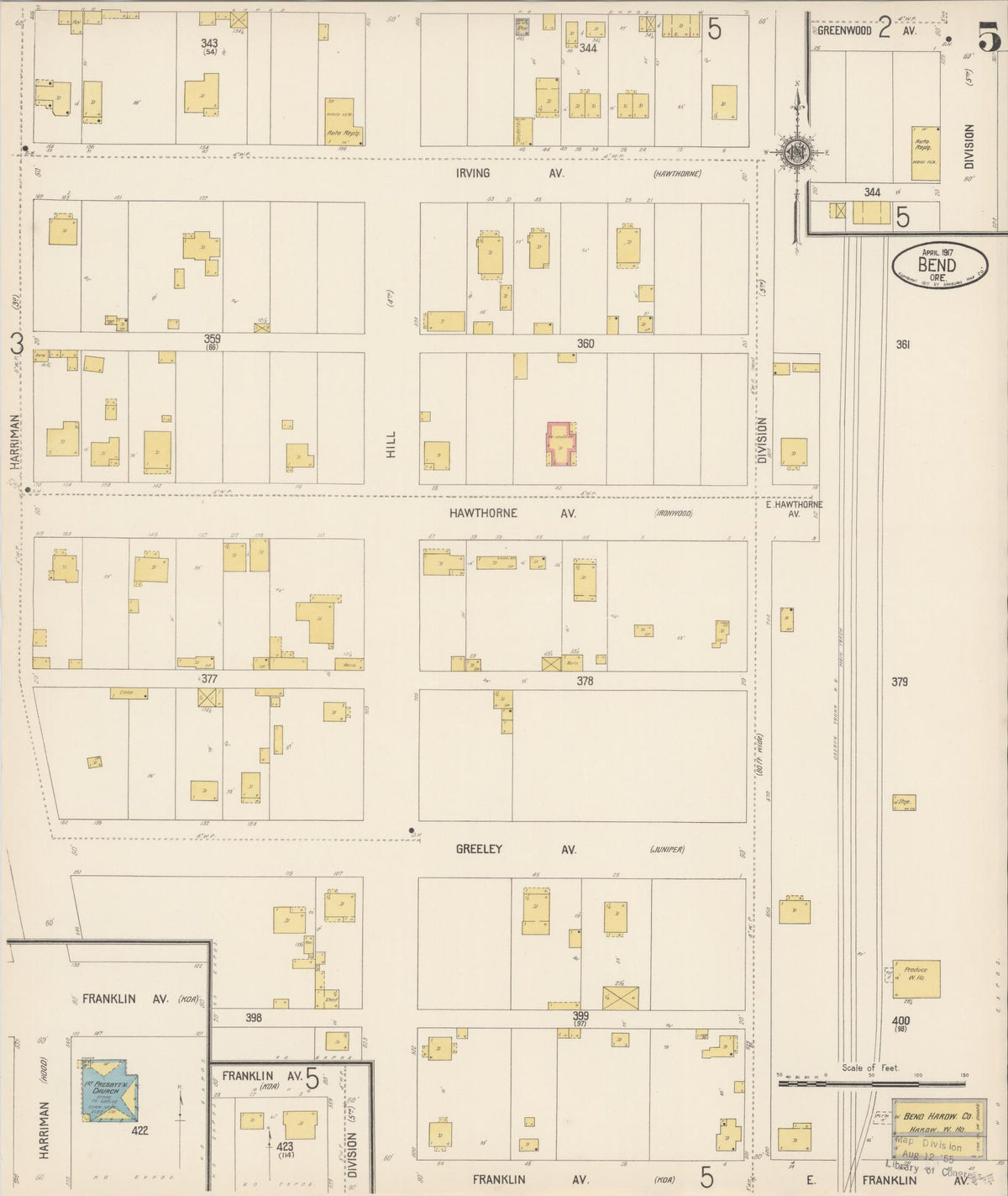 Sanborn Fire Insurance Map from Bend, Deschutes County, Oregon (1917), Sheet #0005 - Historic Sanborn Fire Insurance Map Print, vintage old map wall art, antique decor, genealogy gift, Oregon Oregon map