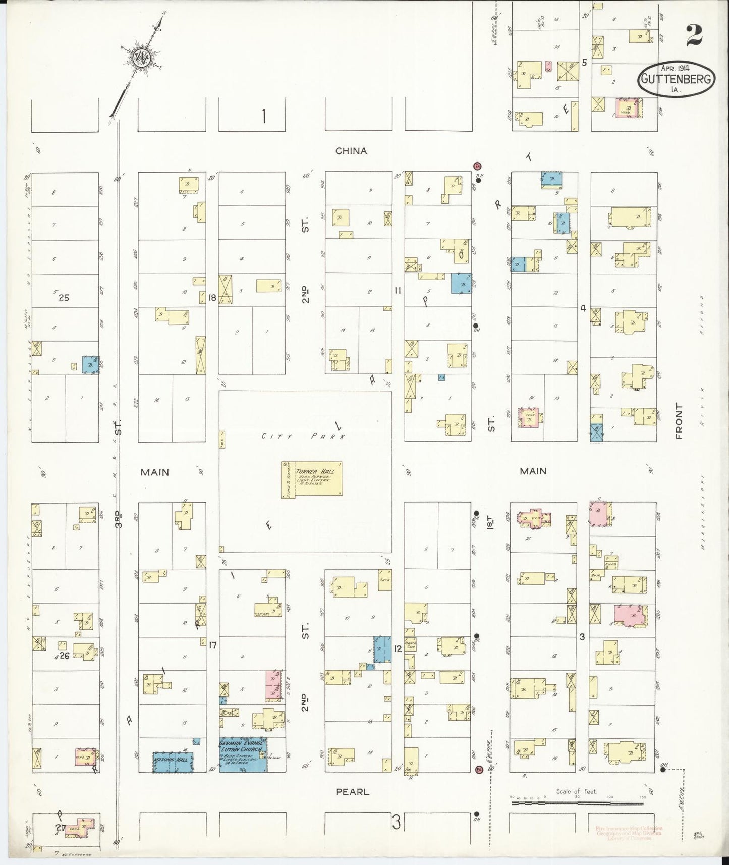 Sanborn Fire Insurance Map from Guttenberg, Clayton County, Iowa (1914), Sheet #0002 - Historic Sanborn Fire Insurance Map Print, vintage old map wall art