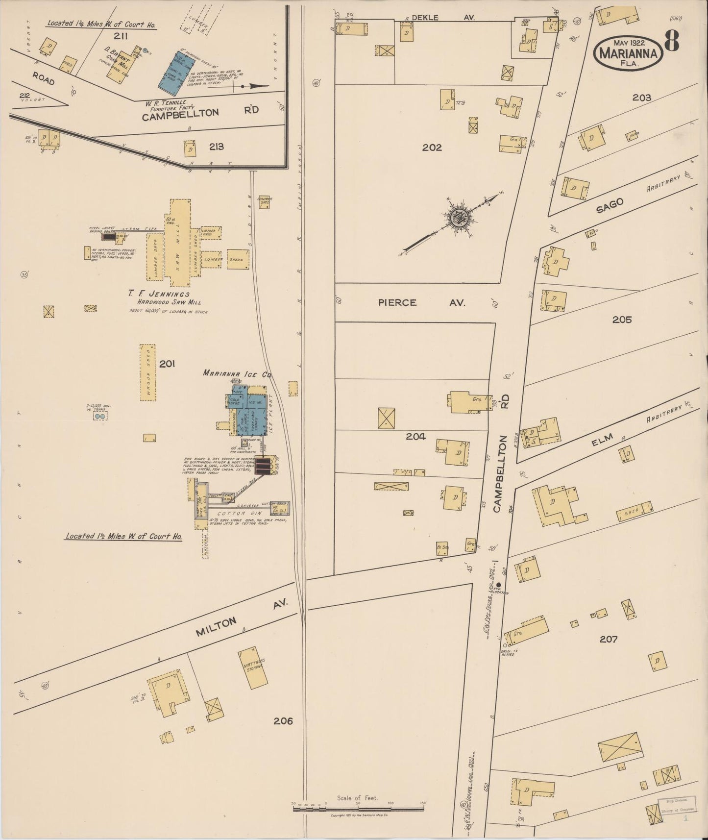 Sanborn Fire Insurance Map from Marianna, Jackson County, Florida (1922), Sheet #0008 - Complete Map Set gallery image, historic Sanborn map, vintage wall art, Florida Florida