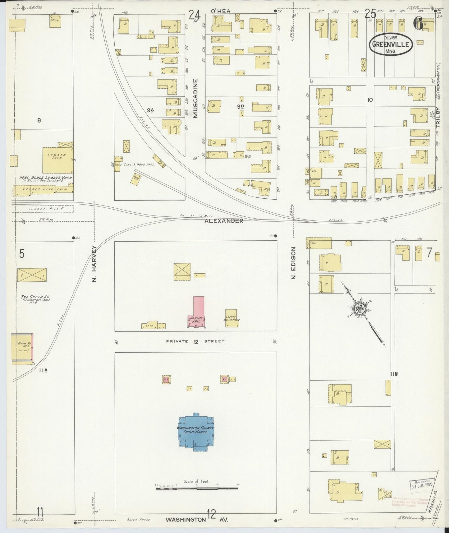 Sanborn Fire Insurance Map from Greenville, Washington County, Mississippi (1915), Sheet #0006 - Historic Sanborn Fire Insurance Map Print, vintage old map wall art, antique decor, genealogy gift, Mississippi Mississippi map