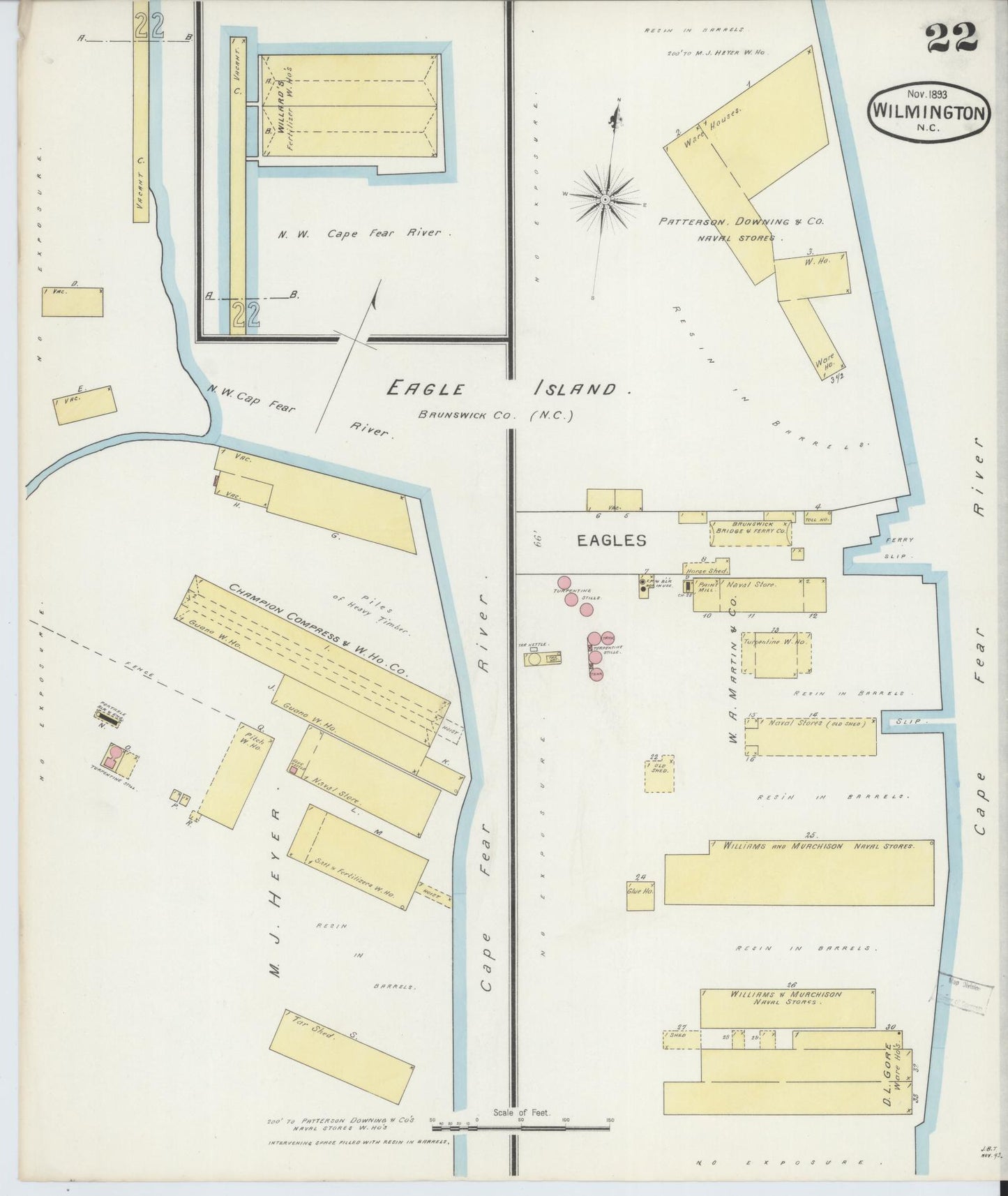 Sanborn Fire Insurance Map from Wilmington, New Hanover County, North Carolina (1893), Sheet #0022 - Historic Sanborn Fire Insurance Map Print, vintage old map wall art, antique decor, genealogy gift, North Carolina North Carolina map