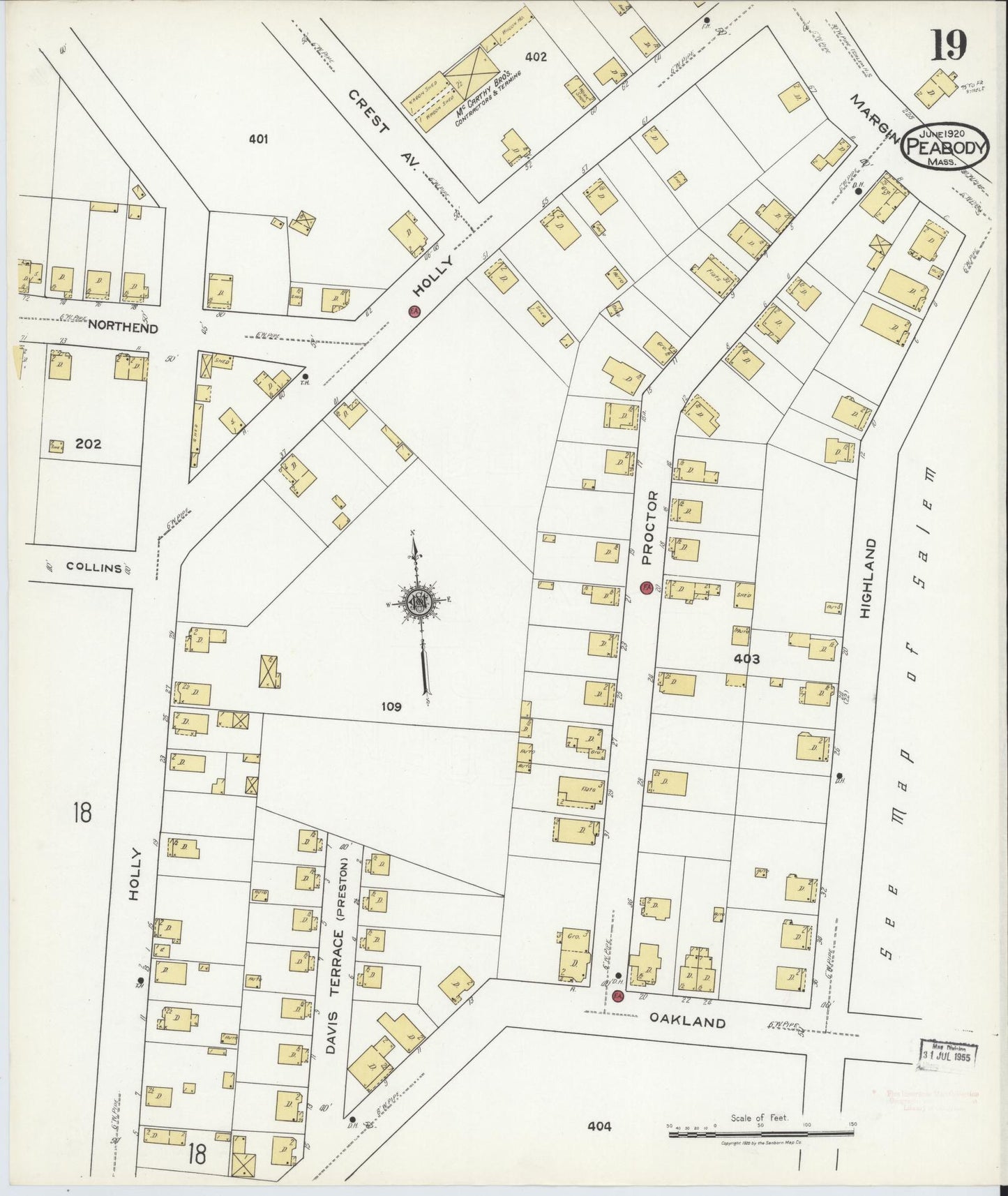 Sanborn Fire Insurance Map from Peabody, Essex County, Massachusetts (1920), Sheet #0019 - Historic Sanborn Fire Insurance Map Print, vintage old map wall art, antique decor, genealogy gift, Massachusetts Massachusetts map