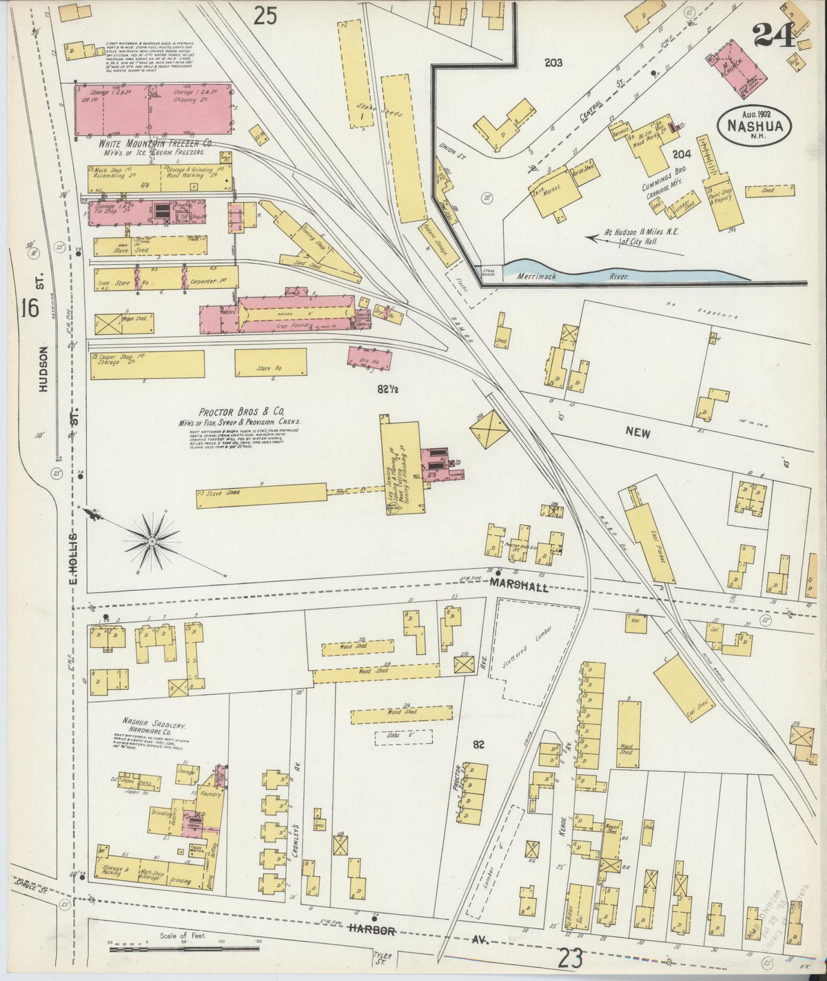 Sanborn Fire Insurance Map from Nashua, Hillsborough County, New Hampshire (1902), Sheet #0024 - Historic Sanborn Fire Insurance Map Print, vintage old map wall art, antique decor, genealogy gift, New Hampshire New Hampshire map