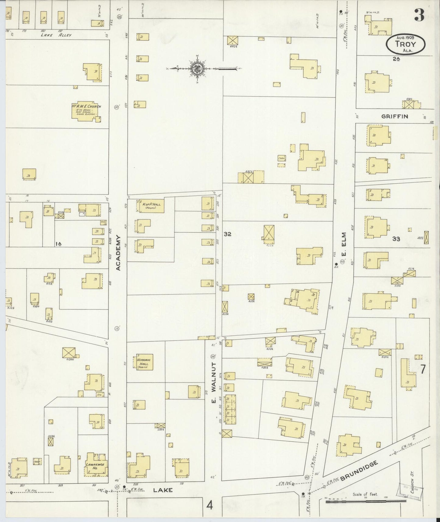 Sanborn Fire Insurance Map from Troy, Pike County, Alabama (1909), Sheet #0003 - Historic Sanborn Fire Insurance Map Print, vintage old map wall art, antique decor, genealogy gift, Alabama Alabama map