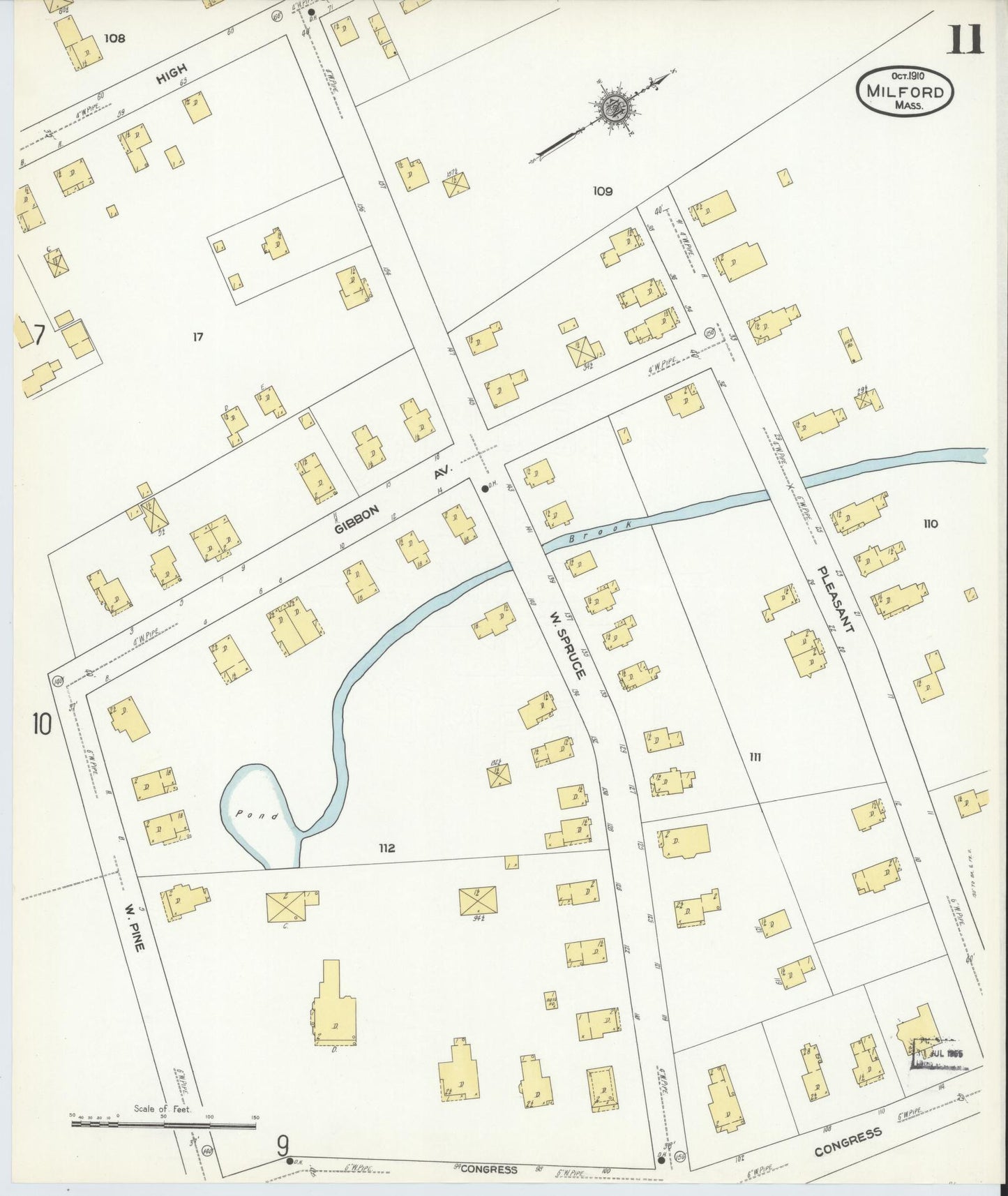 Sanborn Fire Insurance Map from Milford, Worcester County, Massachusetts (1910), Sheet #0011 - Historic Sanborn Fire Insurance Map Print, vintage old map wall art, antique decor, genealogy gift, Massachusetts Massachusetts map
