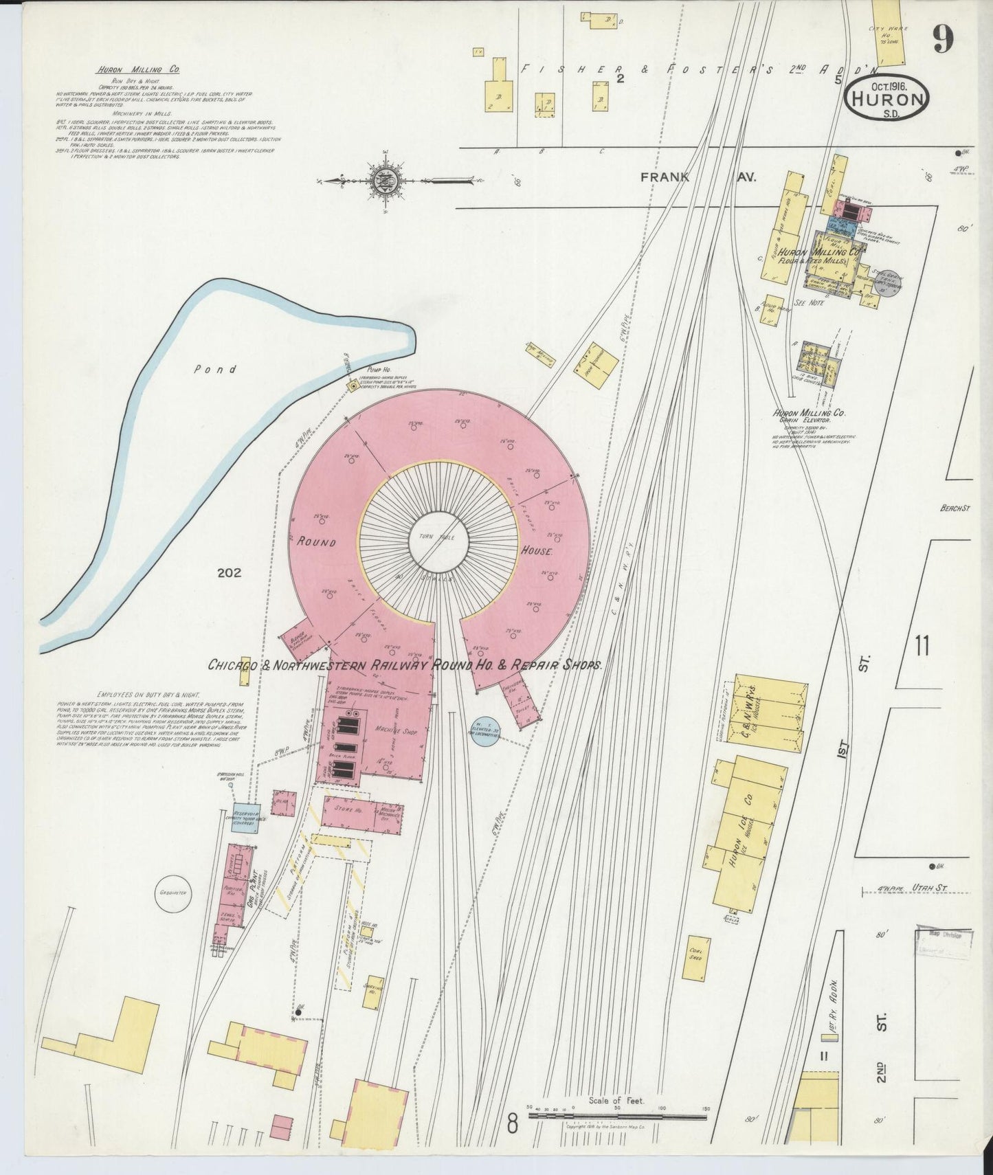 Sanborn Fire Insurance Map from Huron, Beadle County, South Dakota (1916), Sheet #0009 - Historic Sanborn Fire Insurance Map Print, vintage old map wall art, antique decor, genealogy gift, South Dakota South Dakota map