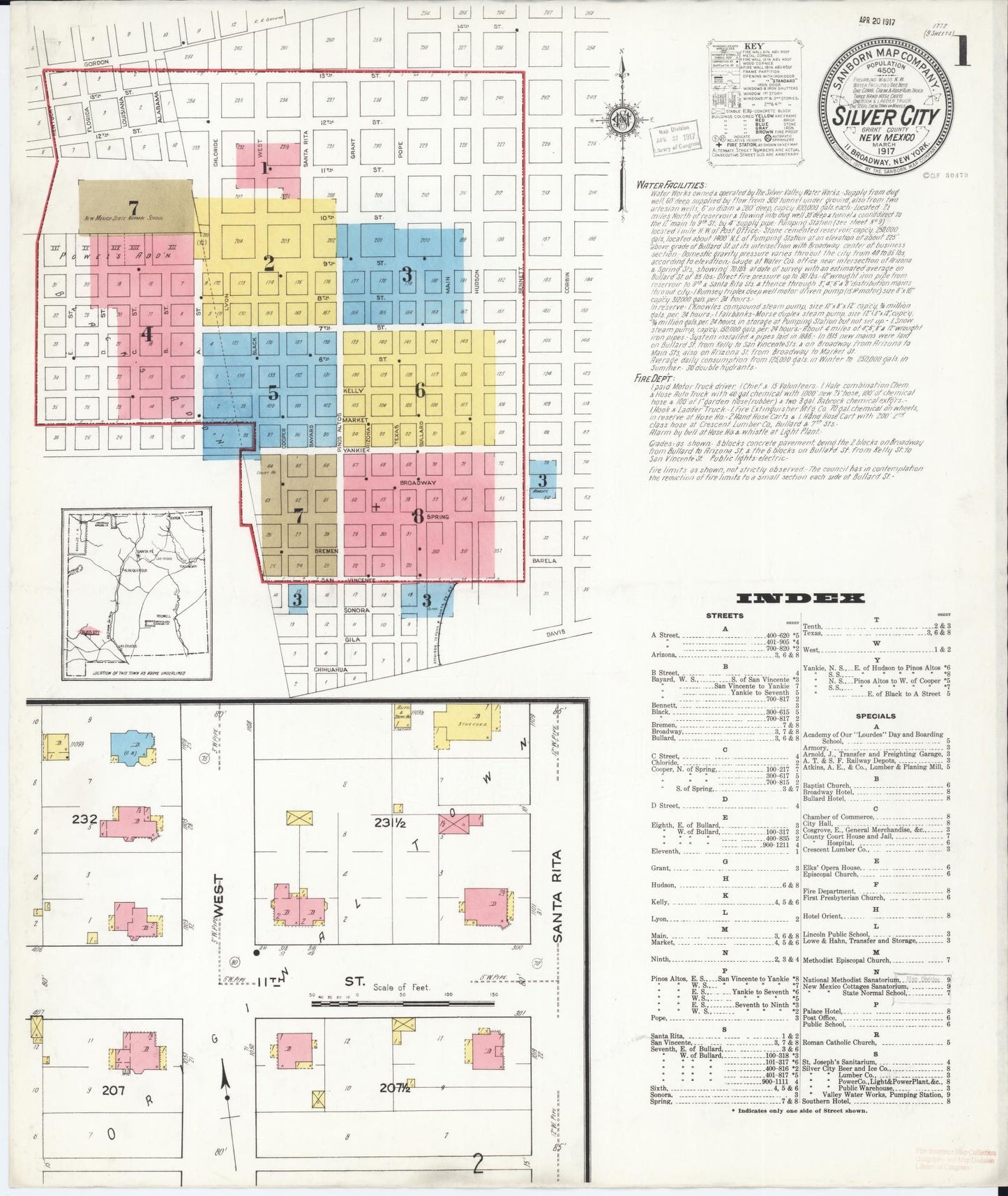 Sanborn Fire Insurance Map from Silver City, Grant County, New Mexico (1917), Sheet #0001 - Historic Sanborn Fire Insurance Map Print, vintage old map wall art, antique decor, genealogy gift, New Mexico New Mexico map
