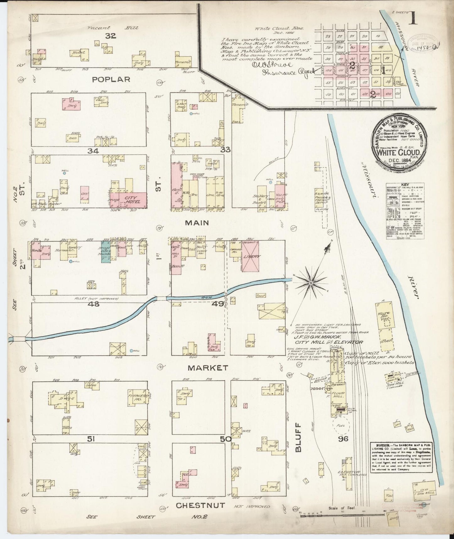 Sanborn Fire Insurance Map from White Cloud, Doniphan County, Kansas. (1884) – Historic Sanborn Fire Insurance Map Print